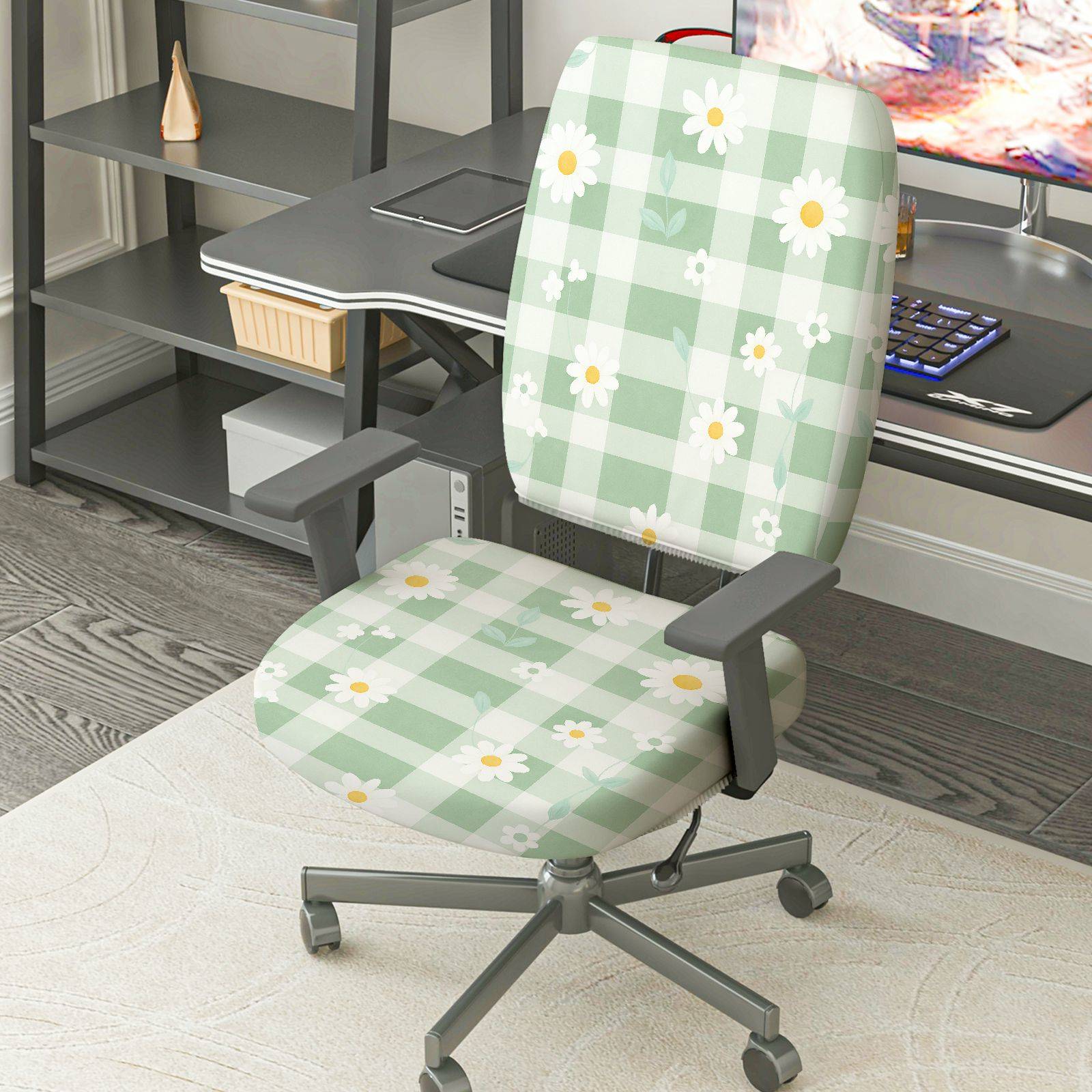 2-Piece Green Checkered Daisy Floral Pattern Spring  Computer Chair Cover Set, Seat and Backrest