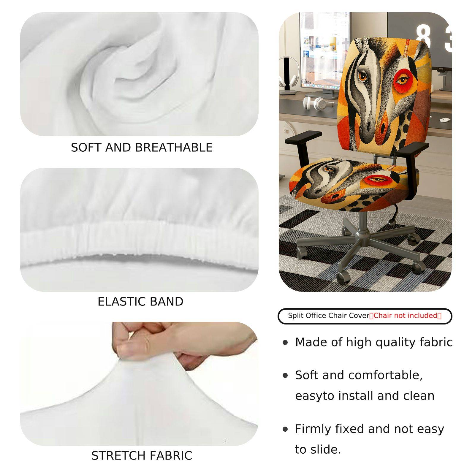 2-Piece Abstract Art Animal Colorful Unique Vibrant  Computer Chair Cover Set, Seat and Backrest