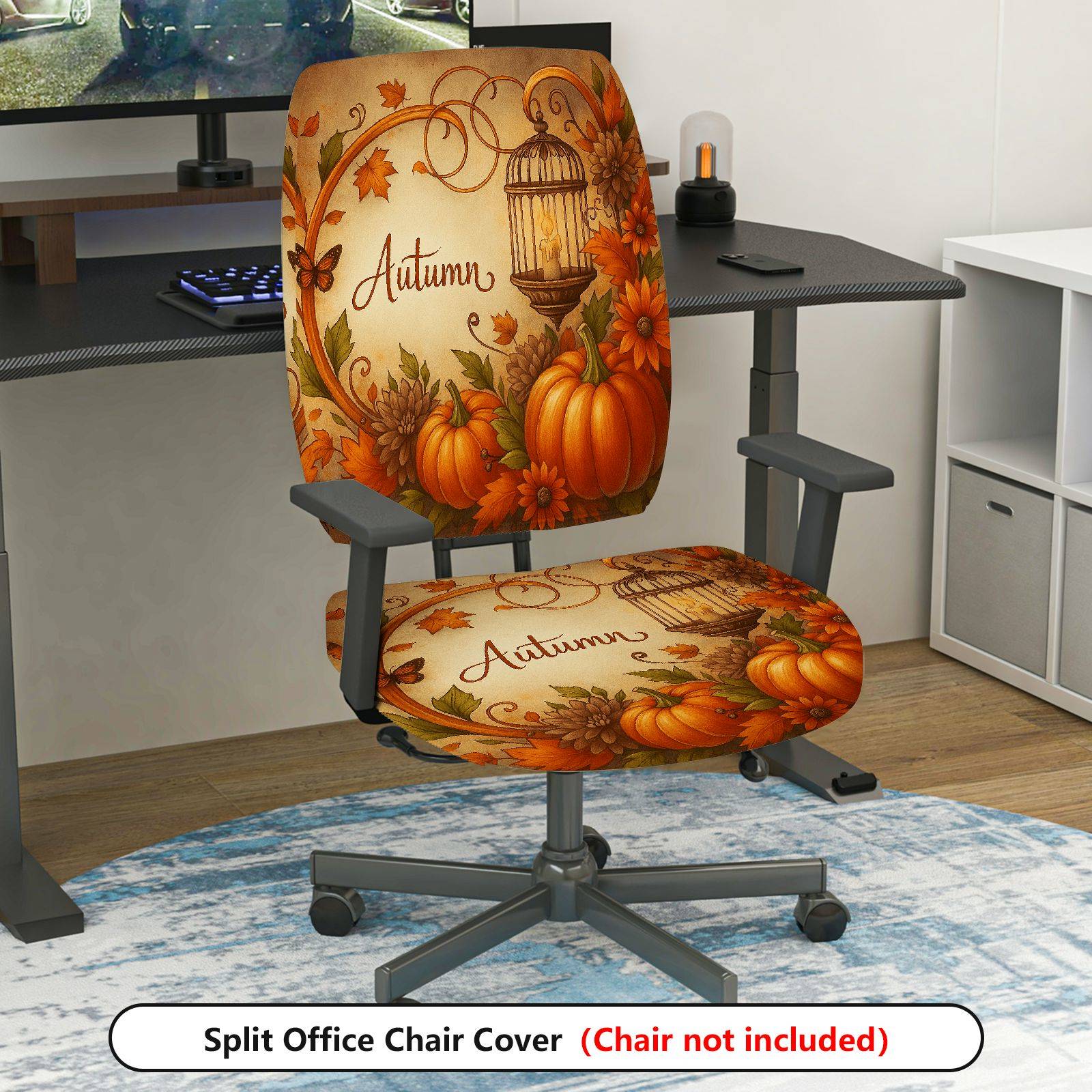 2-Piece Autumn Pumpkin Maple Leaf Lantern Fall  Computer Chair Cover Set, Seat and Backrest