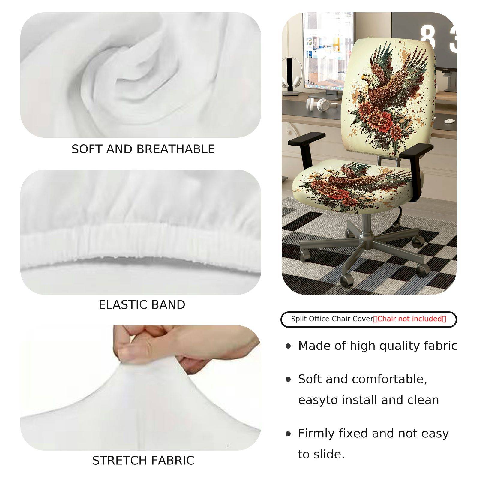 2-Piece Eagle Floral Artistic Vintage Animal  Computer Chair Cover Set, Seat and Backrest