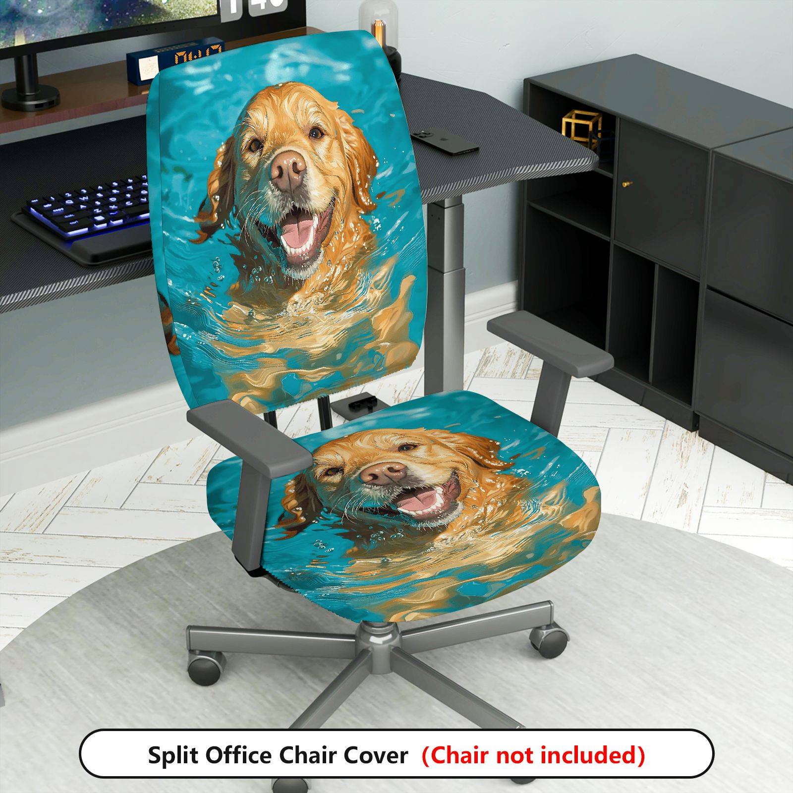 2-Piece Swimming Dog Animal Fun Pet  Computer Chair Cover Set, Seat and Backrest