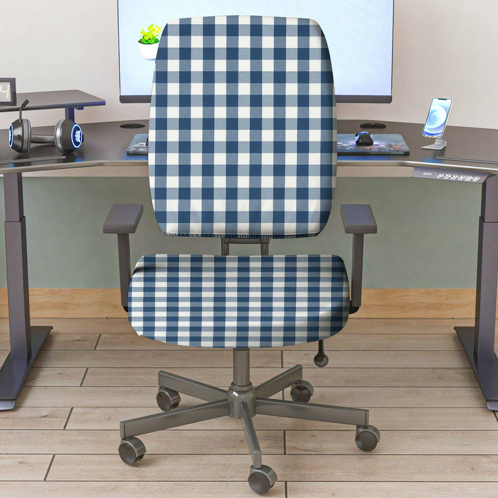 2-Piece Blue Checkered Pattern Stretch  Computer Chair Cover Set, Seat and Backrest