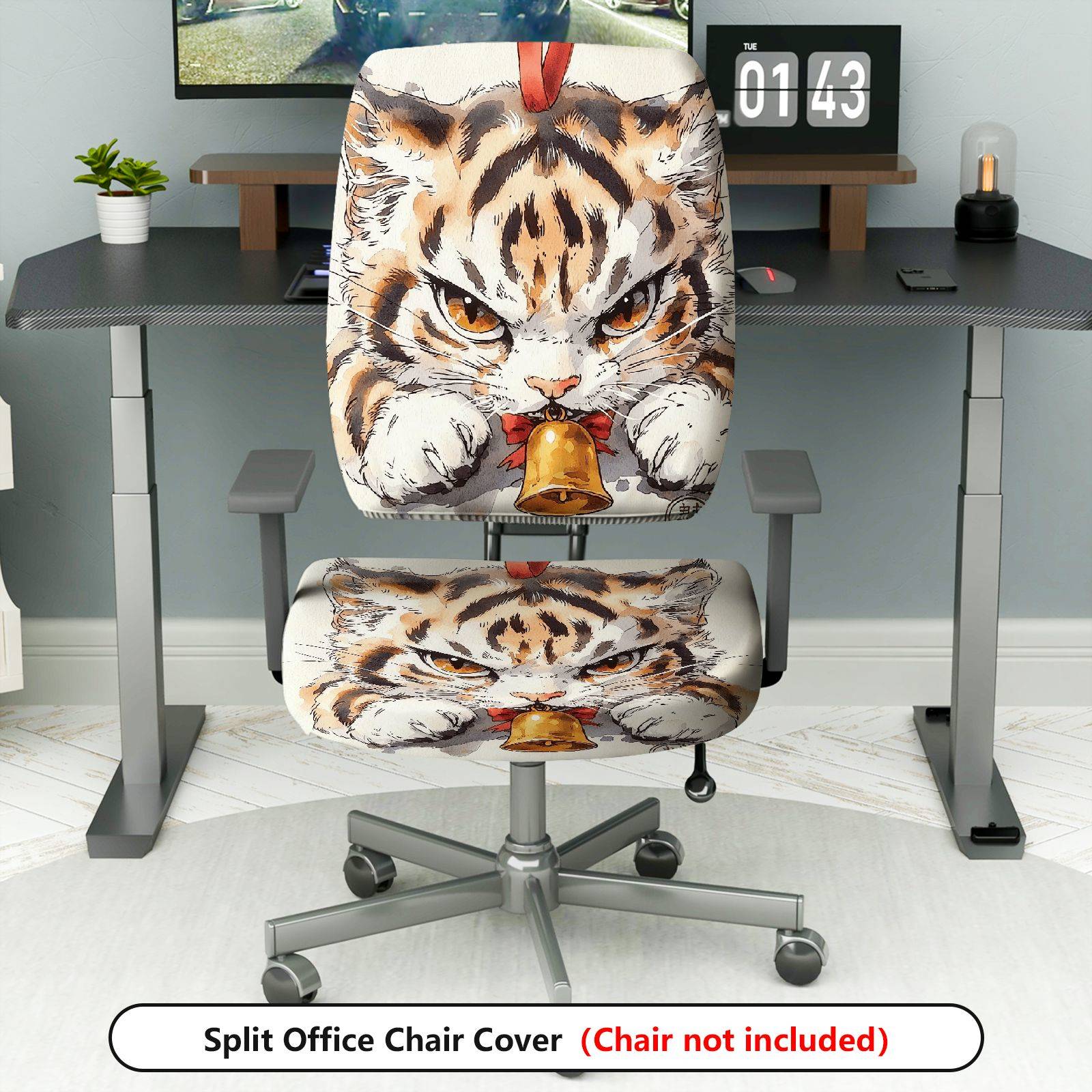 2-Piece Animal Cat Bell Drawn Pattern  Computer Chair Cover Set, Seat and Backrest