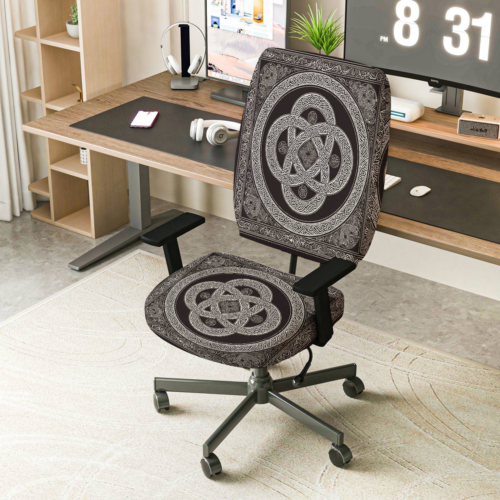 2-Piece Geometric Celtic Tribal Bohemian Artistic  Computer Chair Cover Set, Seat and Backrest