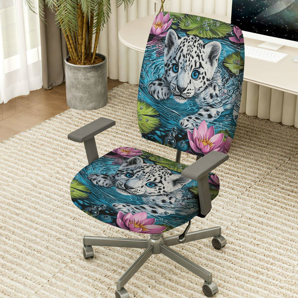 2-Piece Animal Print Floral Water Lily Leopard  Computer Chair Cover Set, Seat and Backrest