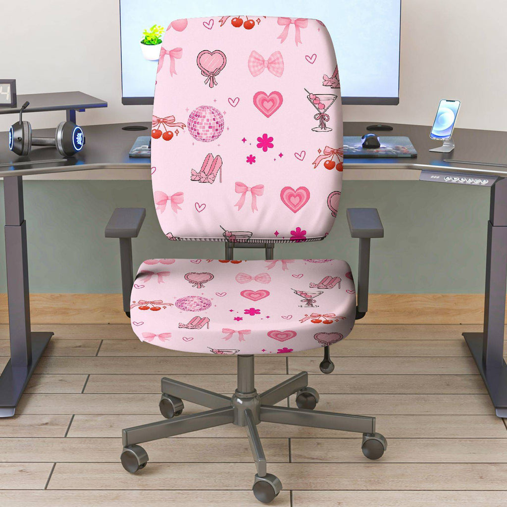 2-Piece Pink Romantic Heart Bow Cherry Flower  Computer Chair Cover Set, Seat and Backrest