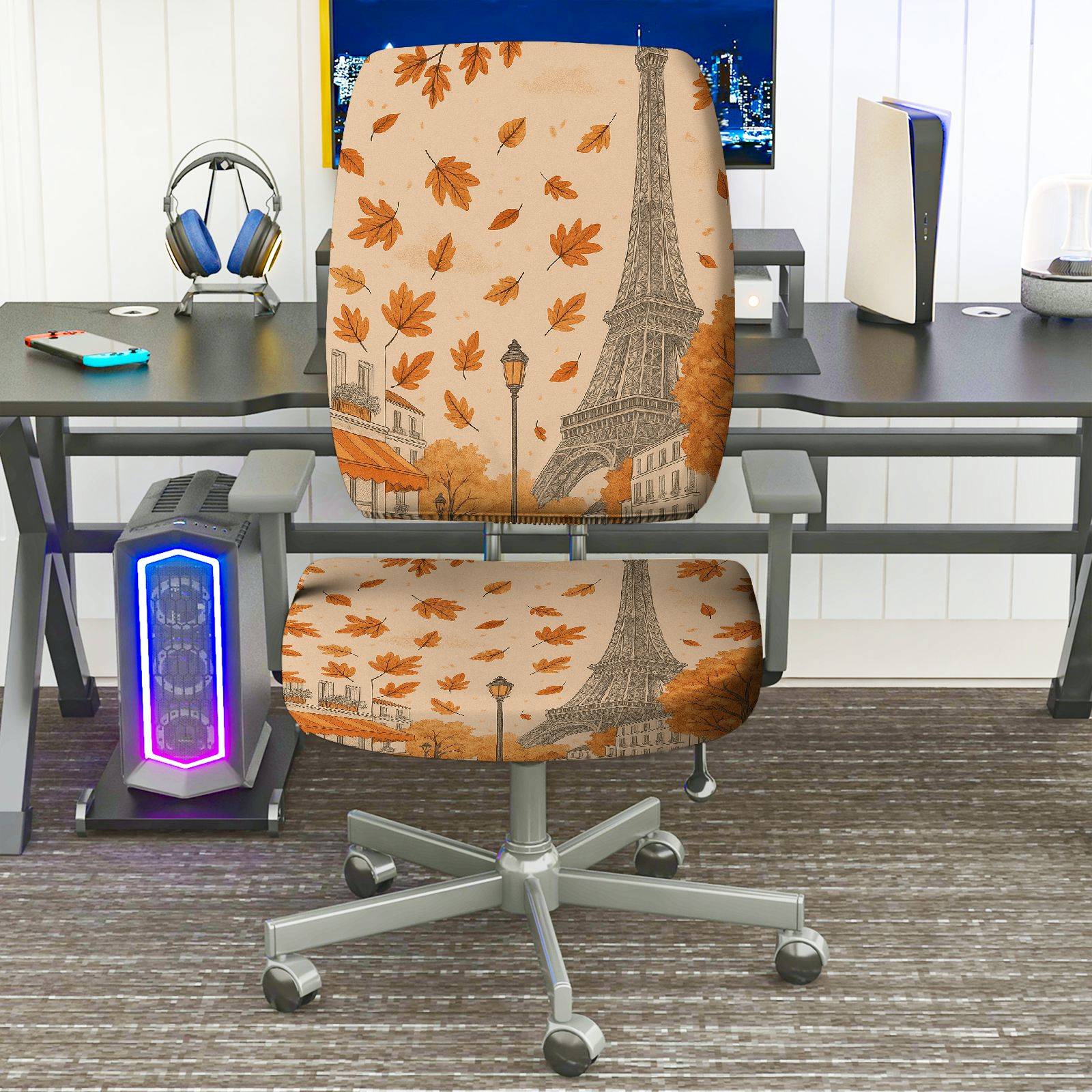 2-Piece Autumn Eiffel Tower Paris Leaves Scenic Print  Computer Chair Cover Set, Seat and Backrest