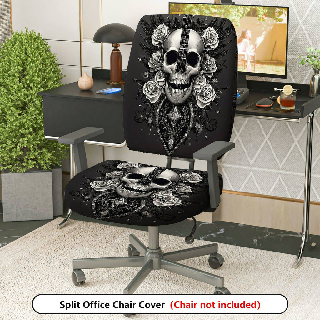2-Piece Black Floral Gothic Rose Heart Design  Computer Chair Cover Set, Seat and Backrest