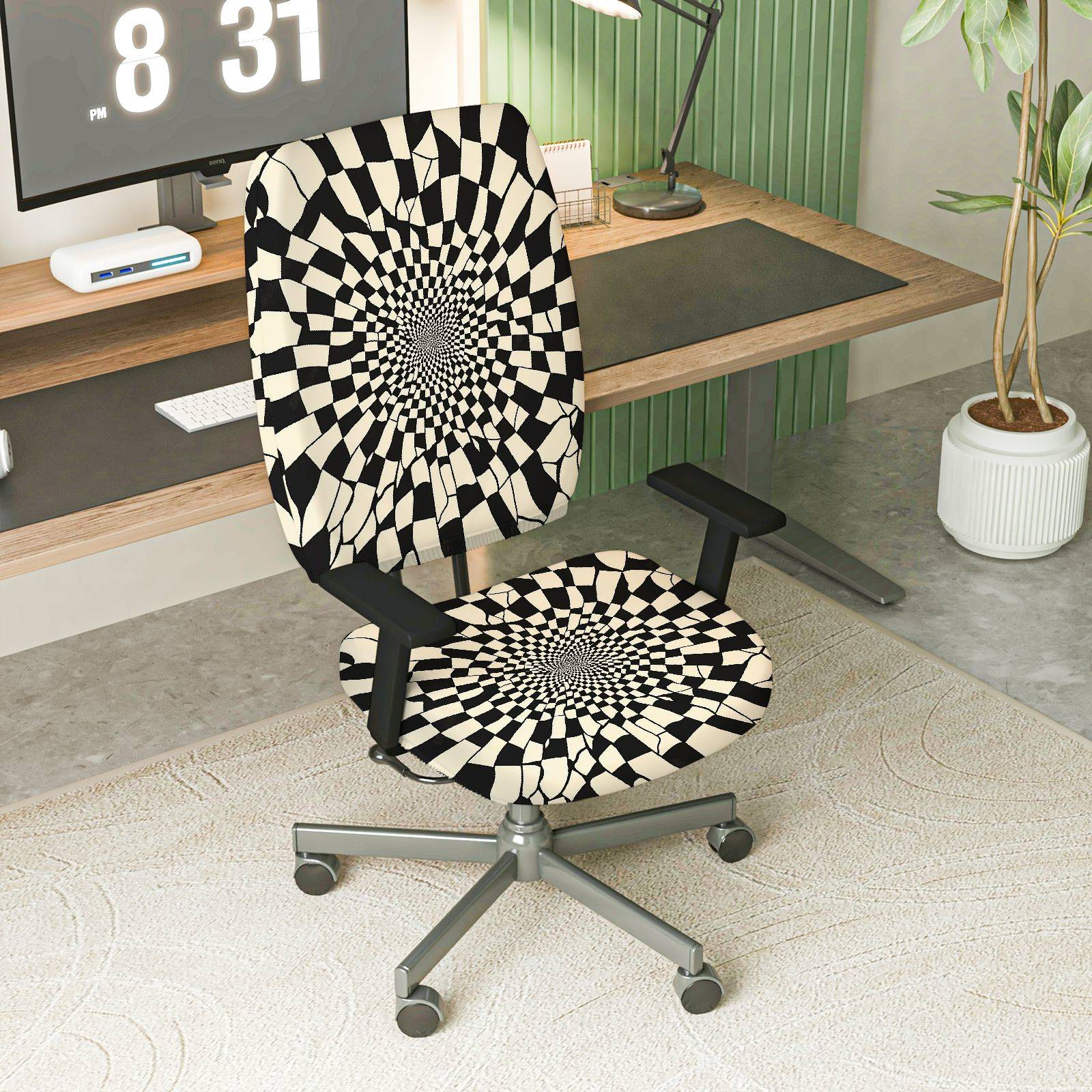 2-Piece Geometric Optical Illusion Black White Swirl  Computer Chair Cover Set, Seat and Backrest