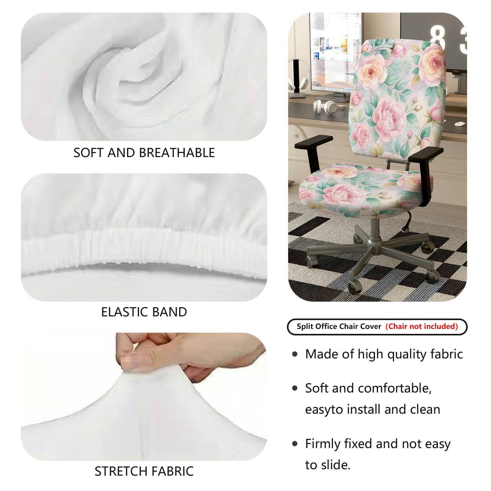2-Piece Floral Romantic Pastel Elegant Delicate  Computer Chair Cover Set, Seat and Backrest