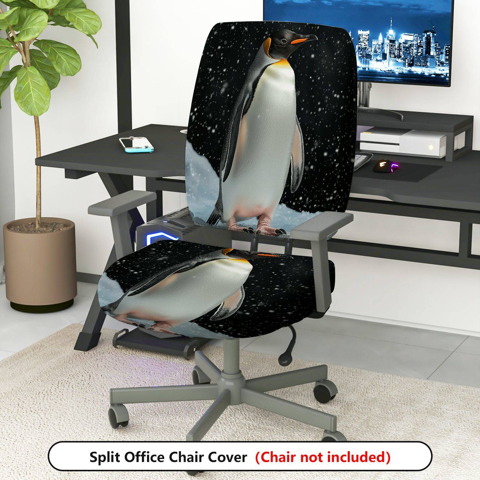 2-Piece Penguin Snow Winter Animal Nature Decor  Computer Chair Cover Set, Seat and Backrest