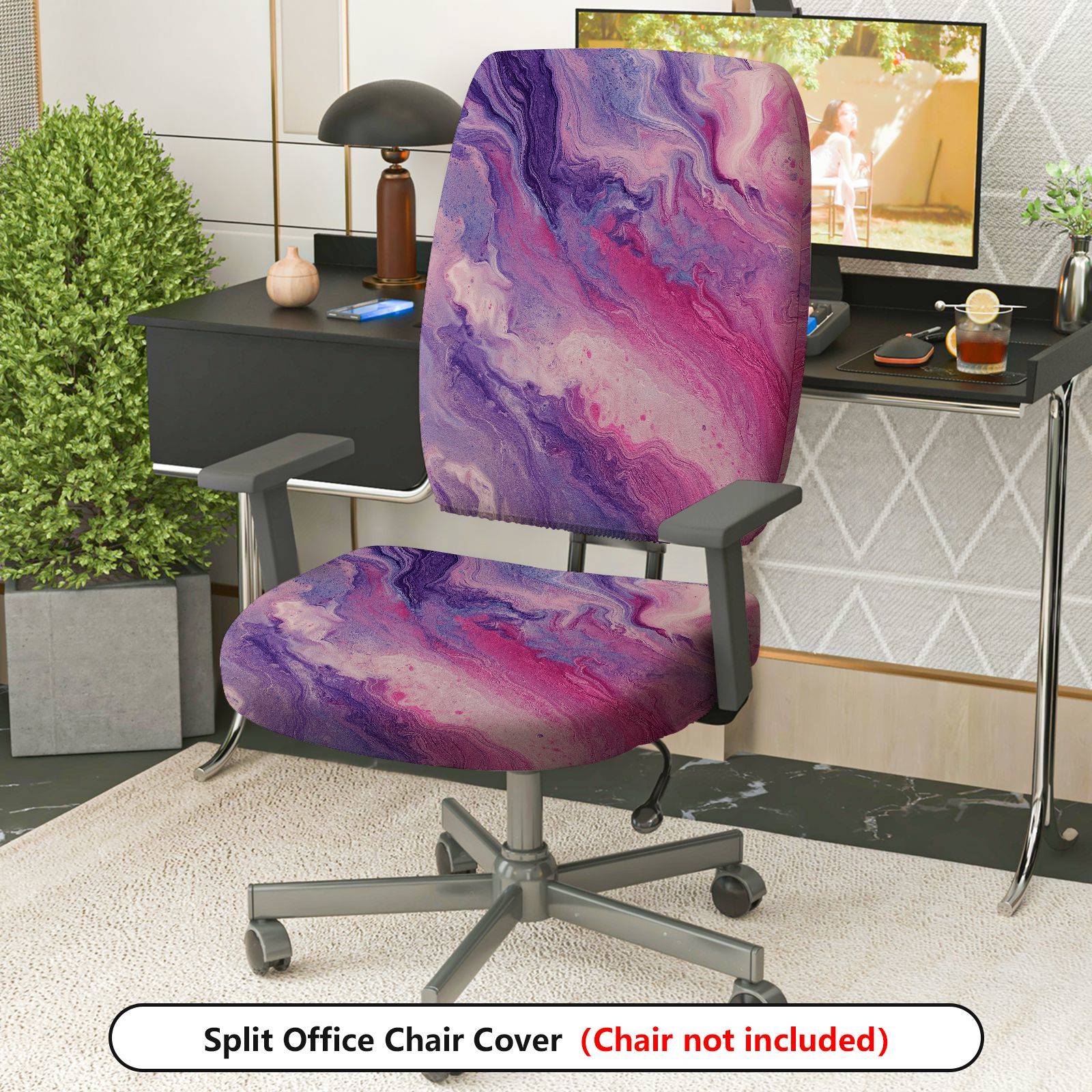 2-Piece Abstract Marble Swirl Pink Purple  Computer Chair Cover Set, Seat and Backrest