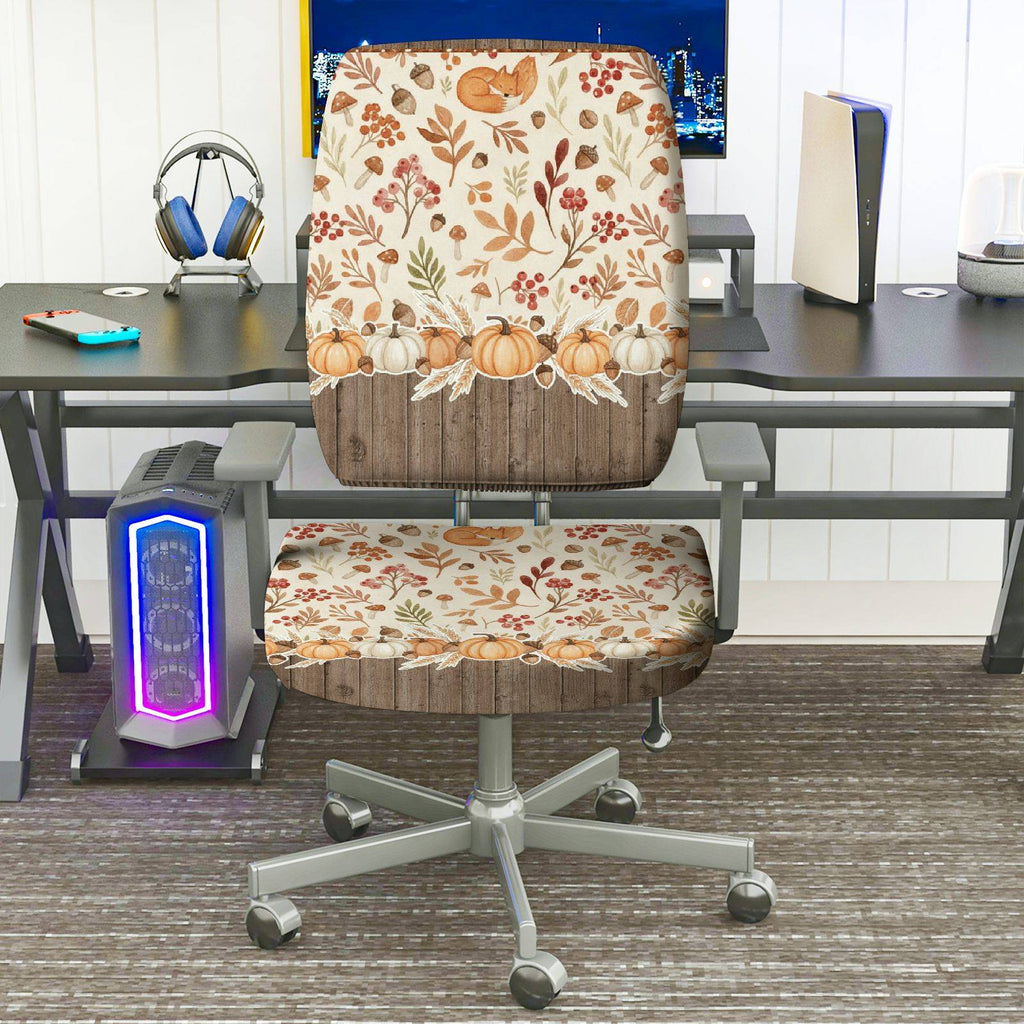 2-Piece Autumn Pumpkin Floral Pattern Thanksgiving  Computer Chair Cover Set, Seat and Backrest