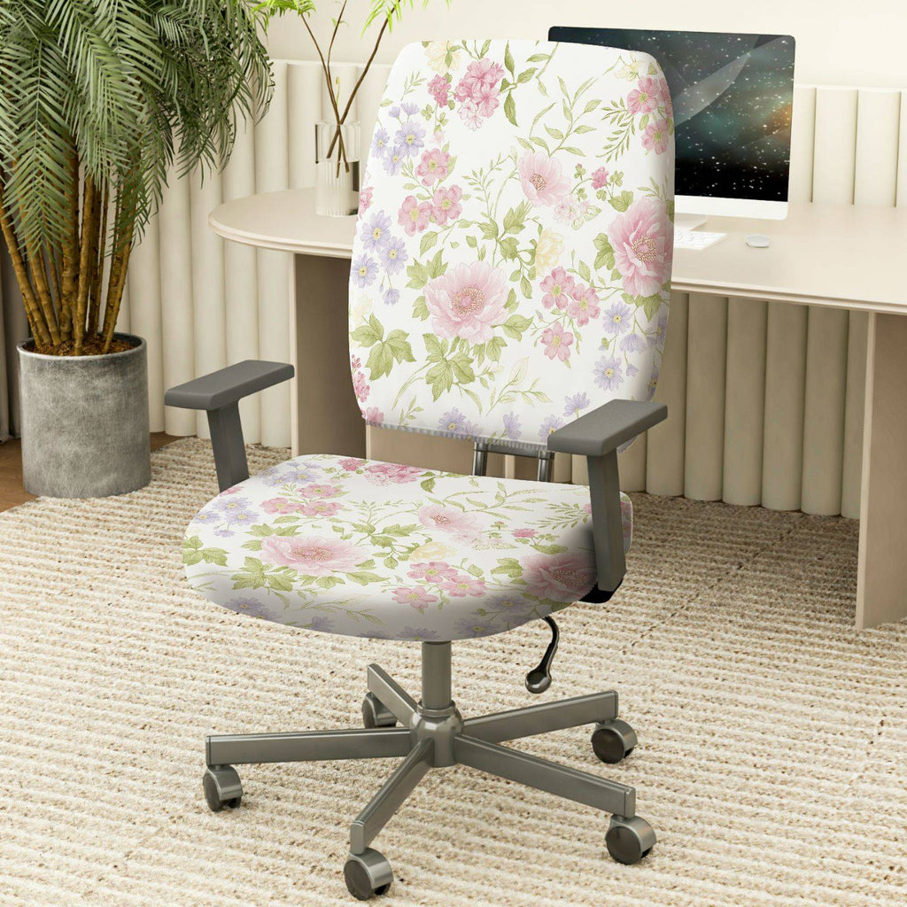2-Piece Floral Pastel Botanical Spring Garden Nature  Computer Chair Cover Set, Seat and Backrest