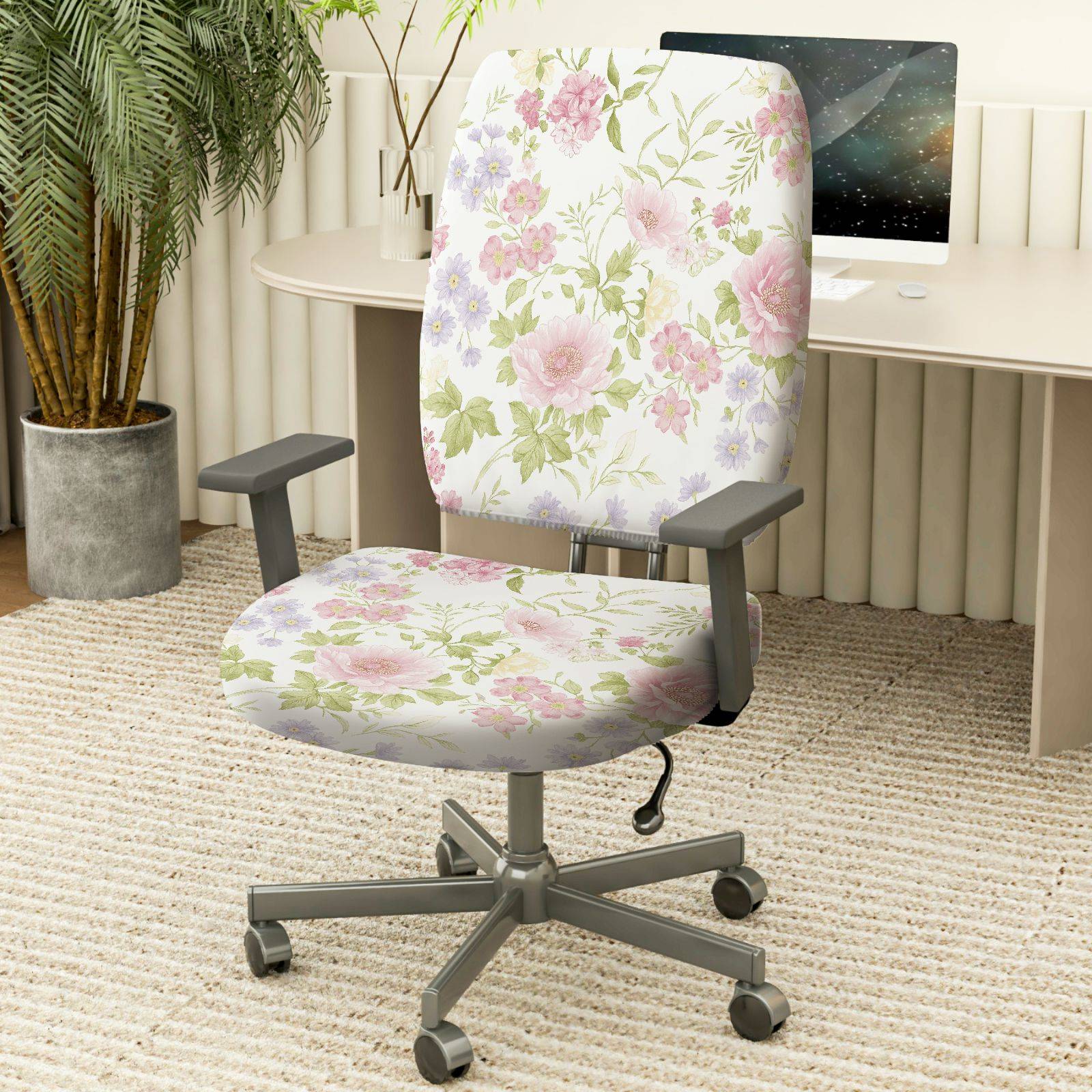2-Piece Floral Pastel Botanical Spring Garden Nature  Computer Chair Cover Set, Seat and Backrest