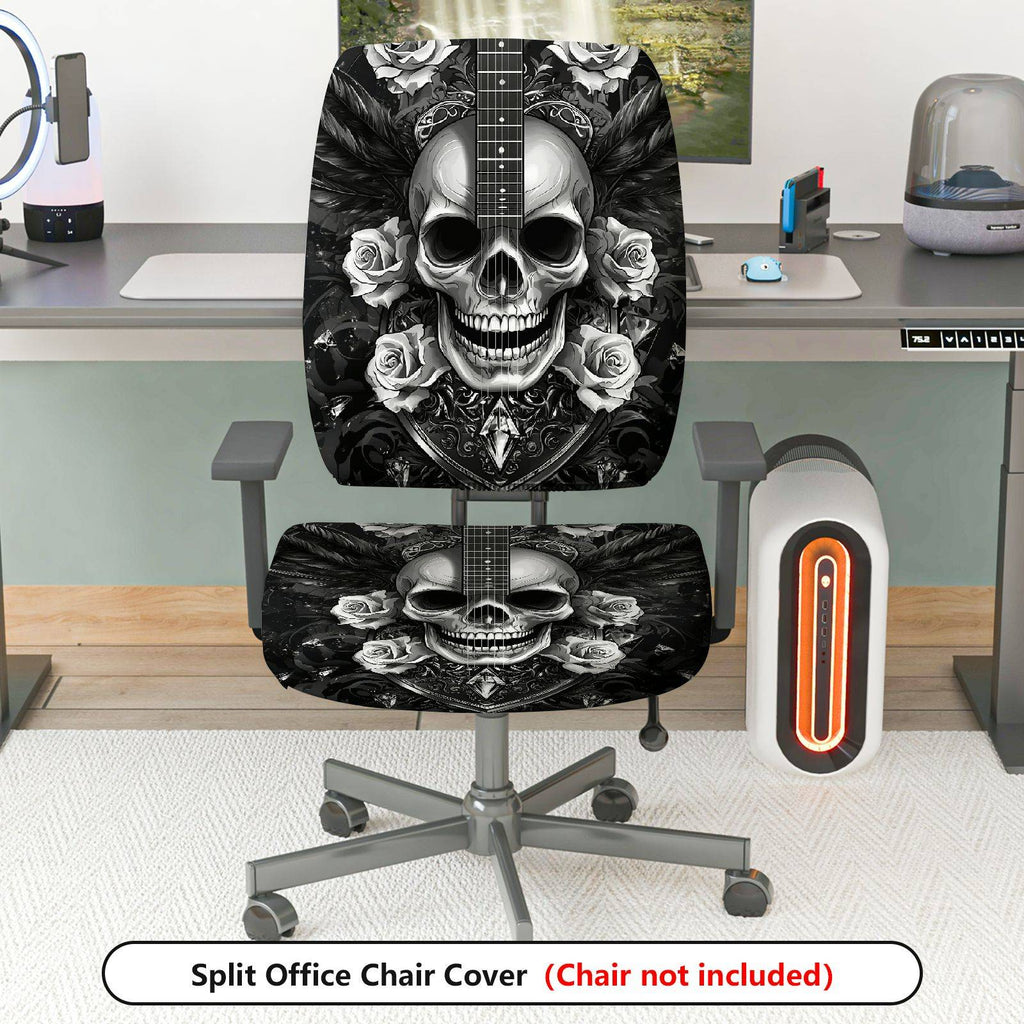 2-Piece Gothic Rose Guitar Black White Printed  Computer Chair Cover Set, Seat and Backrest