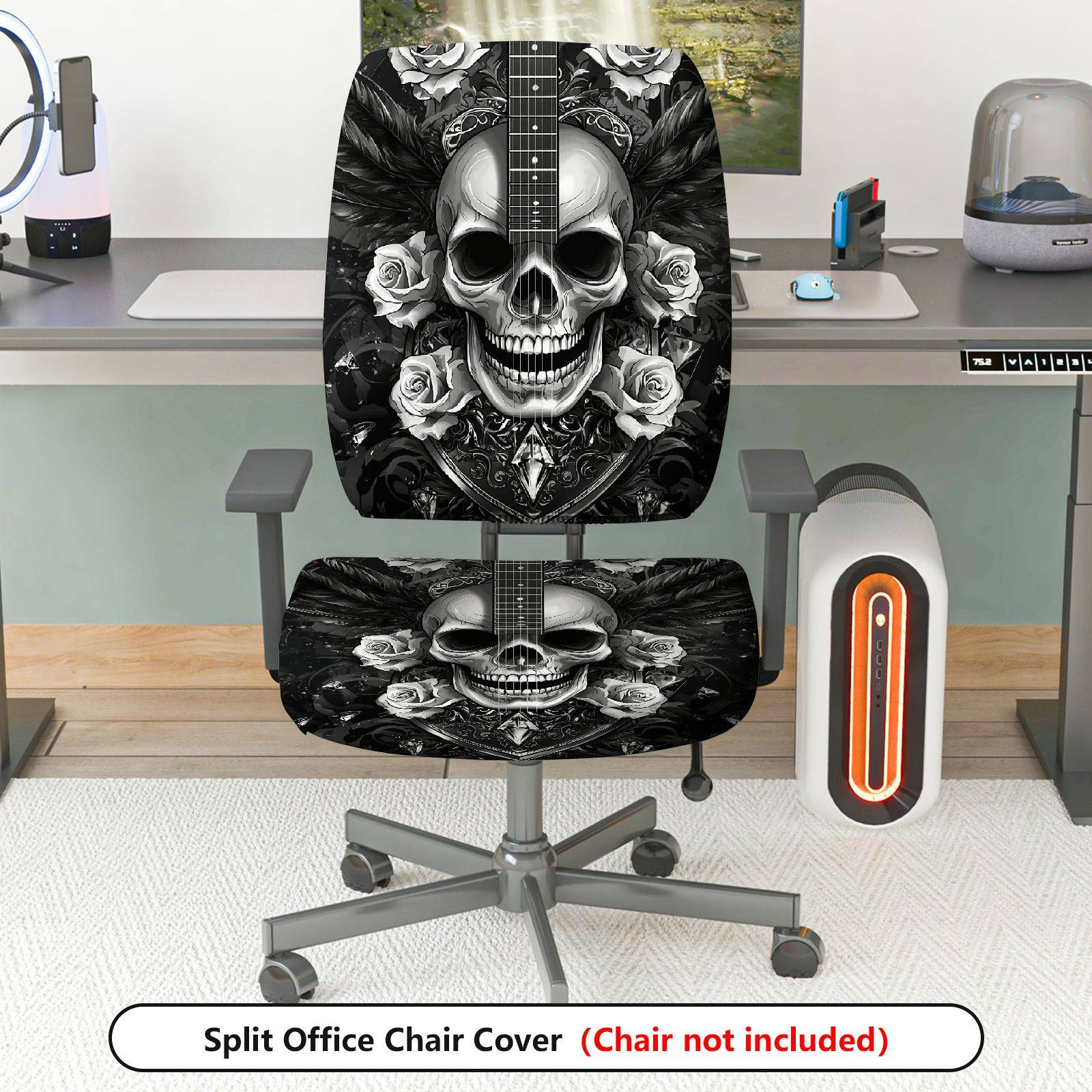 2-Piece Gothic Rose Guitar Black White Printed  Computer Chair Cover Set, Seat and Backrest