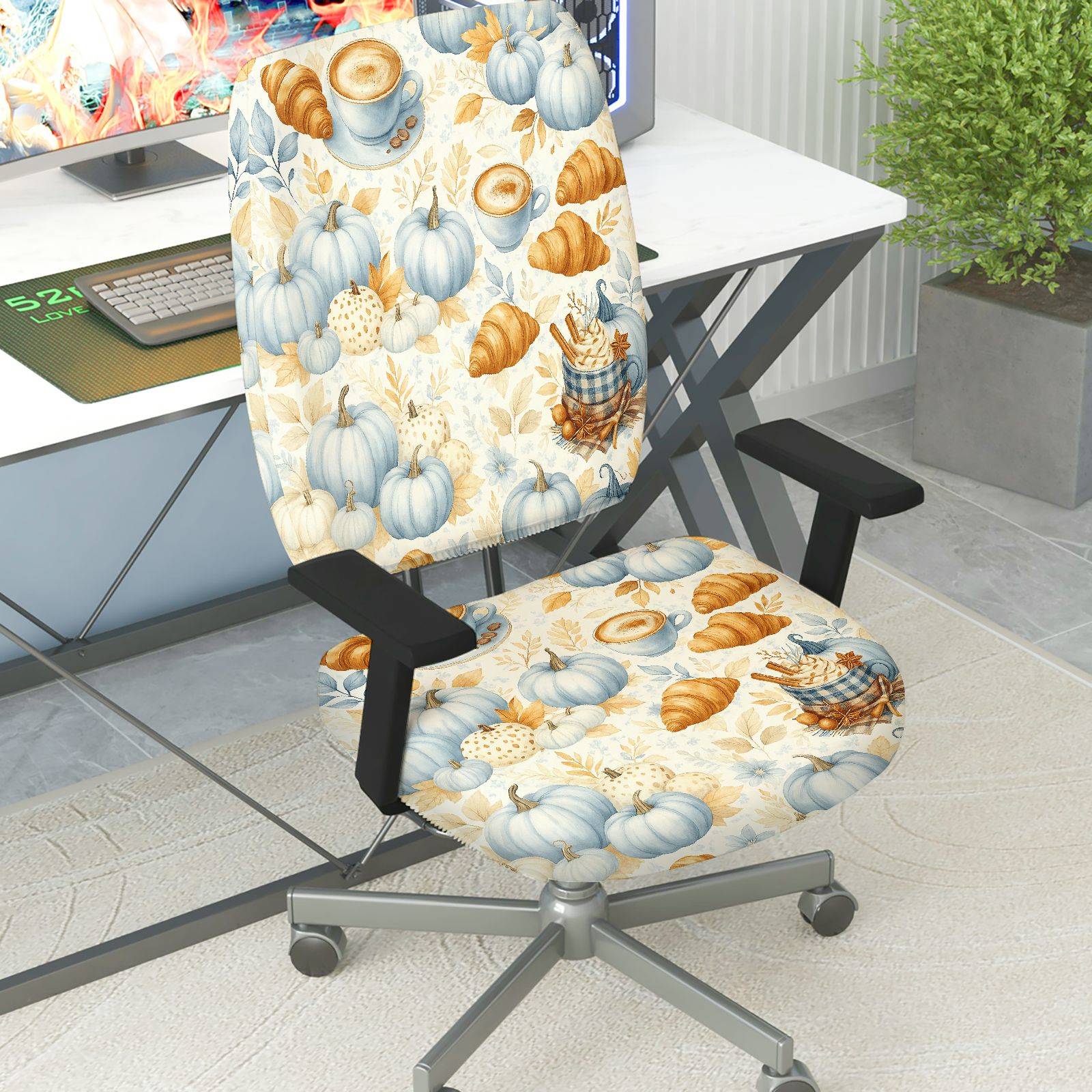 2-Piece Autumn Pumpkin Coffee Croissant Thanksgiving  Computer Chair Cover Set, Seat and Backrest