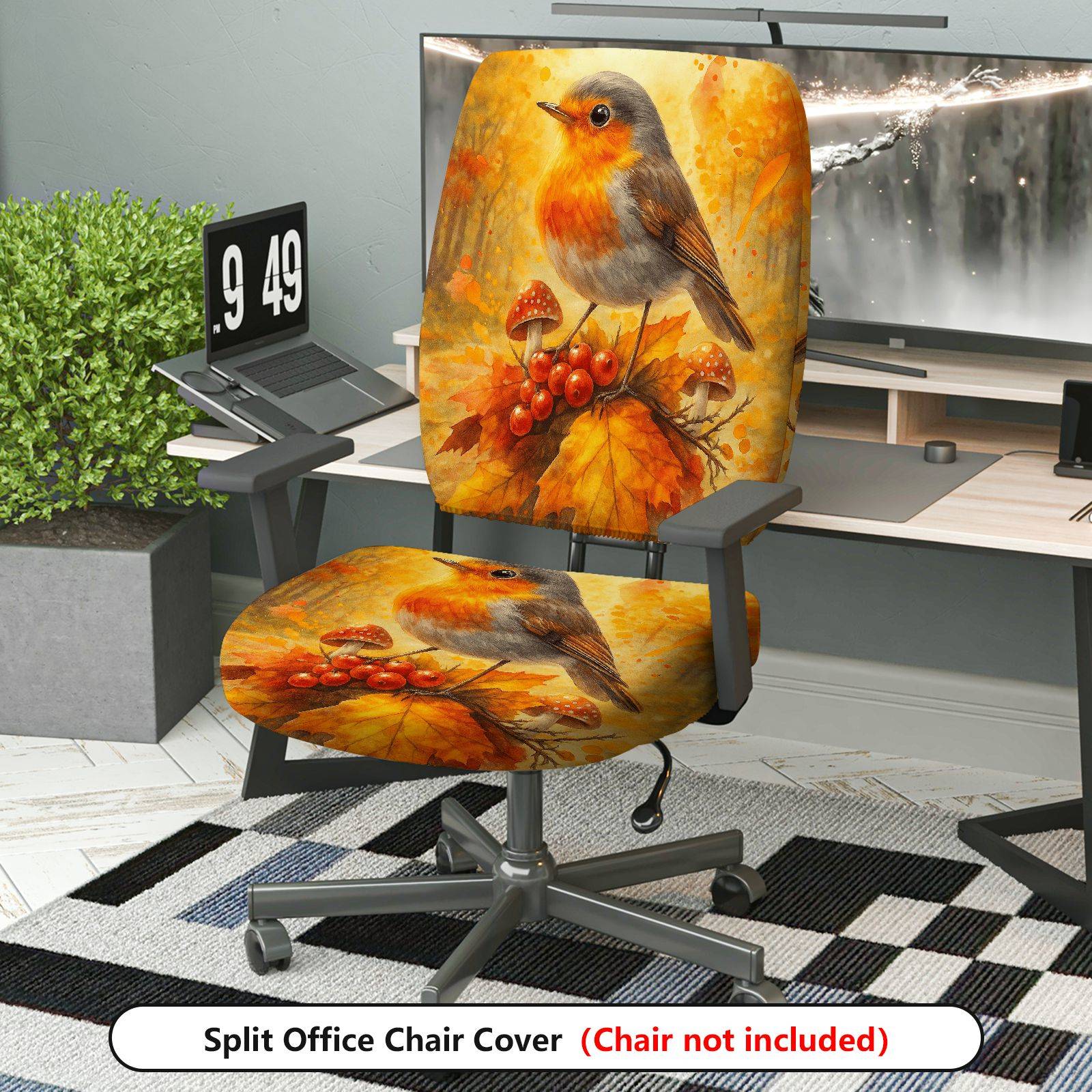 2-Piece Autumn Bird Mushroom Nature Artistic  Computer Chair Cover Set, Seat and Backrest