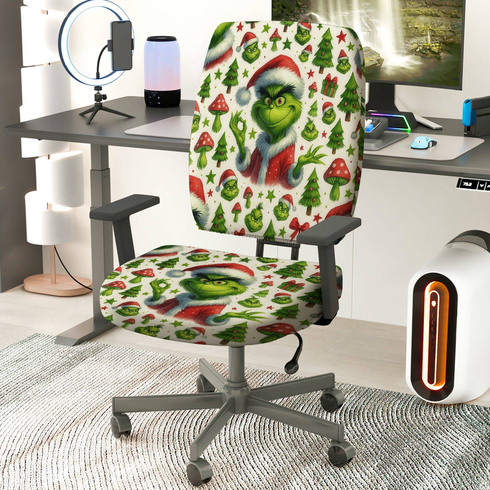 2-Piece Christmas Grinch Santa Tree Gift Decoration  Computer Chair Cover Set, Seat and Backrest