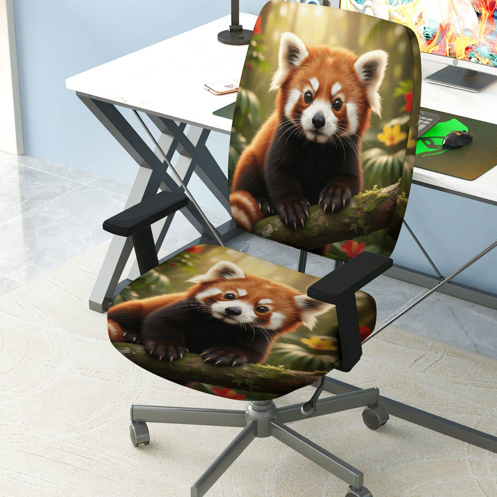2-Piece Adorable Red Panda Nature Whimsical Animal Woodland  Computer Chair Cover Set, Seat and Backrest