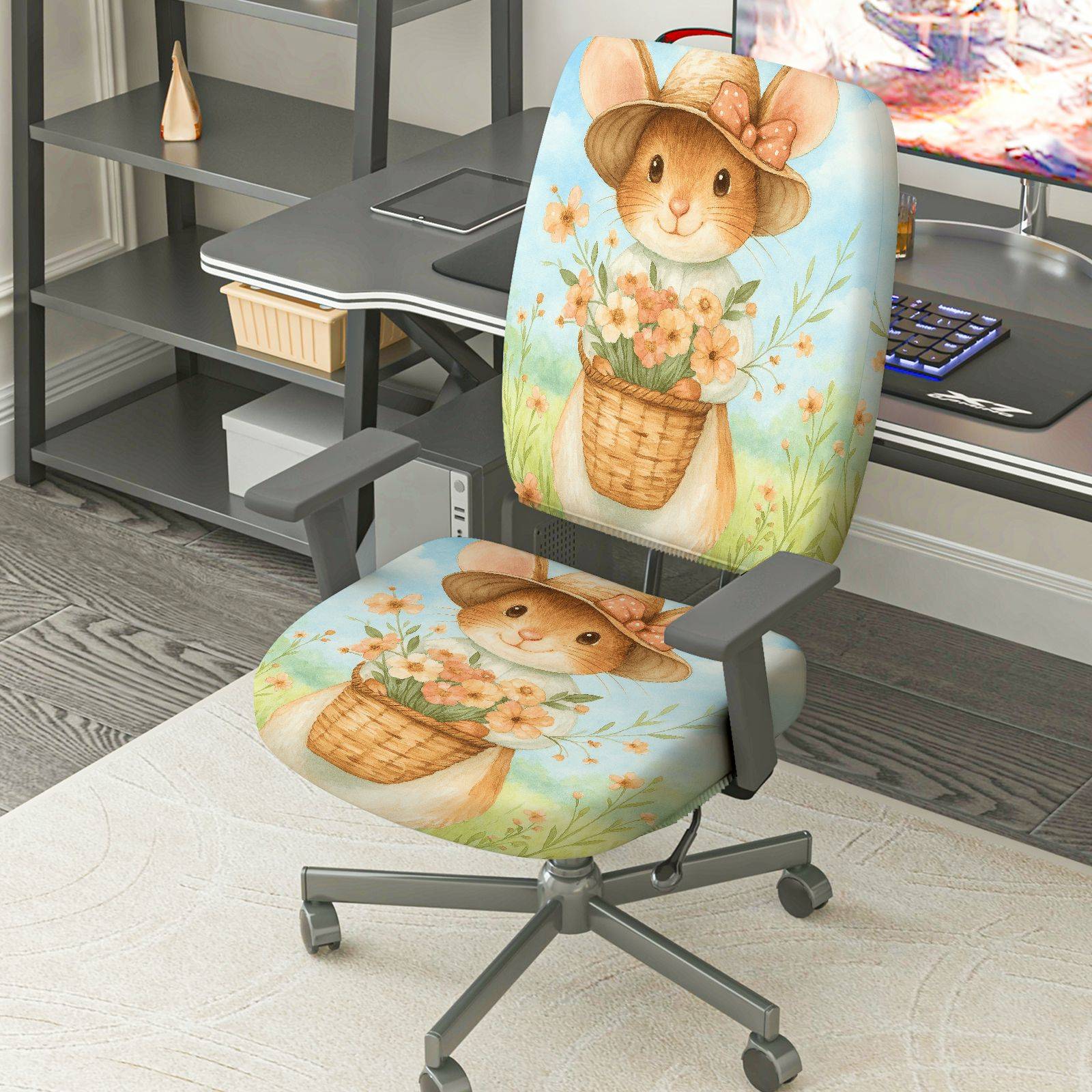 2-Piece Cute Floral Rabbit Pastoral Animal  Computer Chair Cover Set, Seat and Backrest