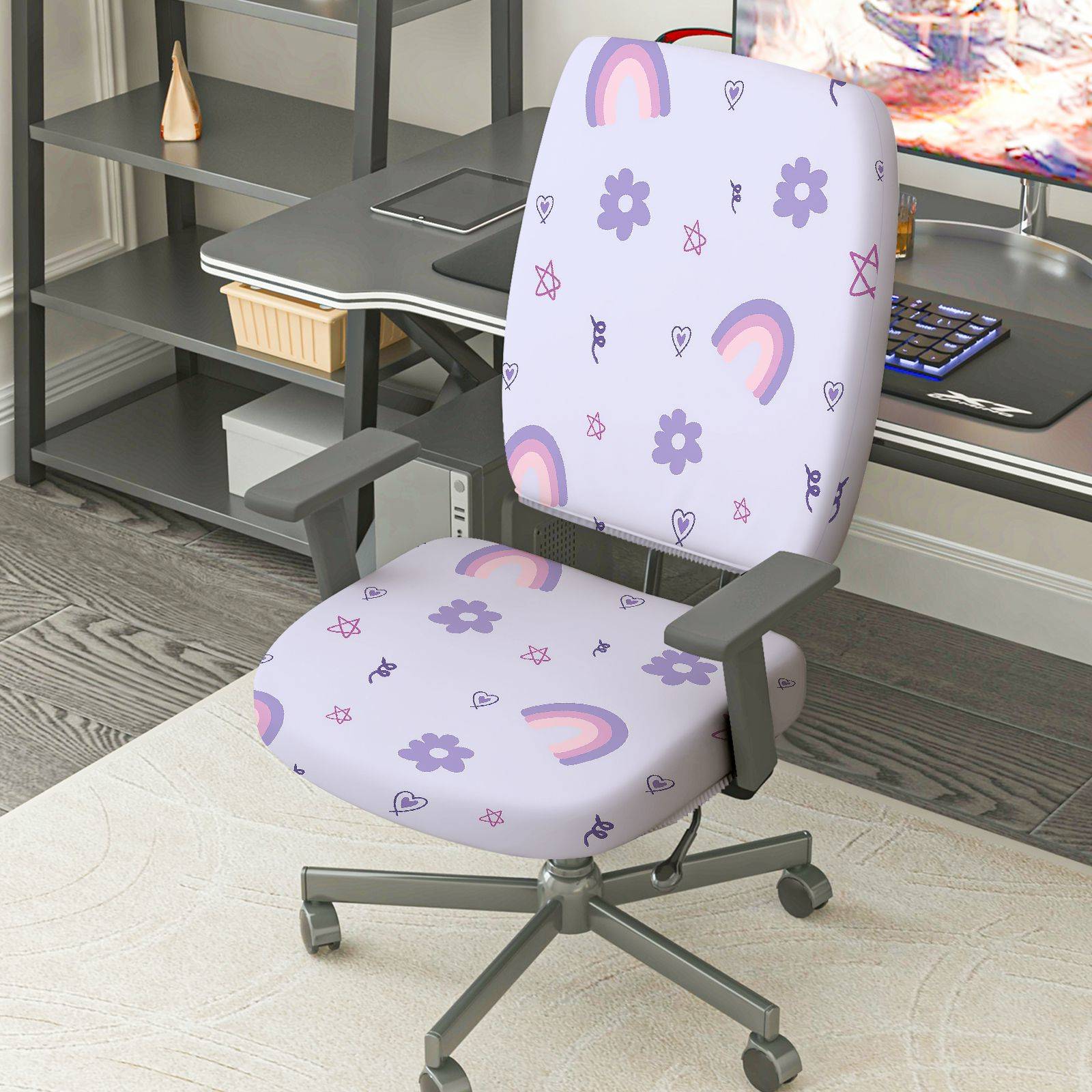 2-Piece Rainbow Flower Heart Star Purple  Computer Chair Cover Set, Seat and Backrest