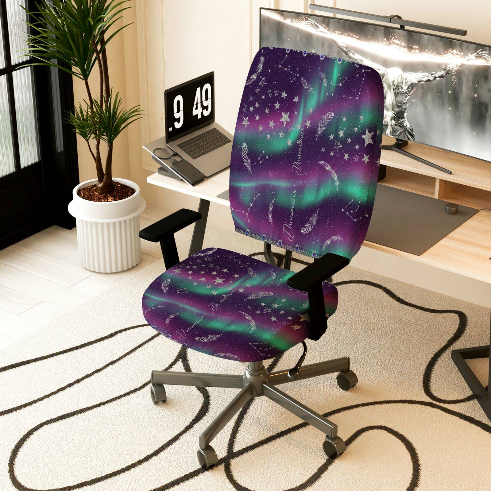 2-Piece Aurora Stars Feathers Galaxy Night  Computer Chair Cover Set, Seat and Backrest