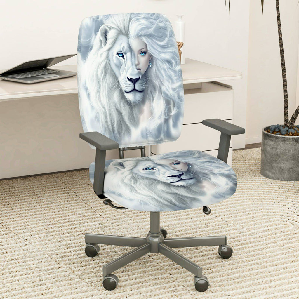 2-Piece White Lion Animal Print Artistic Elegant Bold  Computer Chair Cover Set, Seat and Backrest