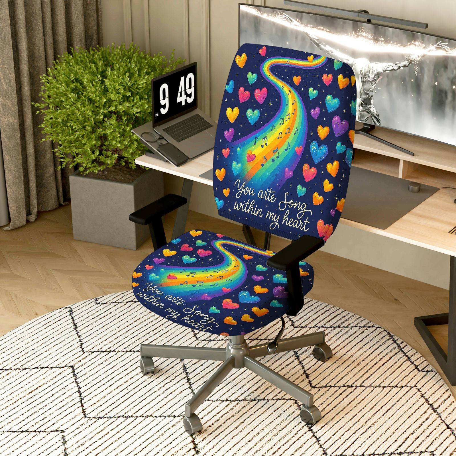 2-Piece Artistic Colorful Heart Rainbow Music Inspirational  Computer Chair Cover Set, Seat and Backrest