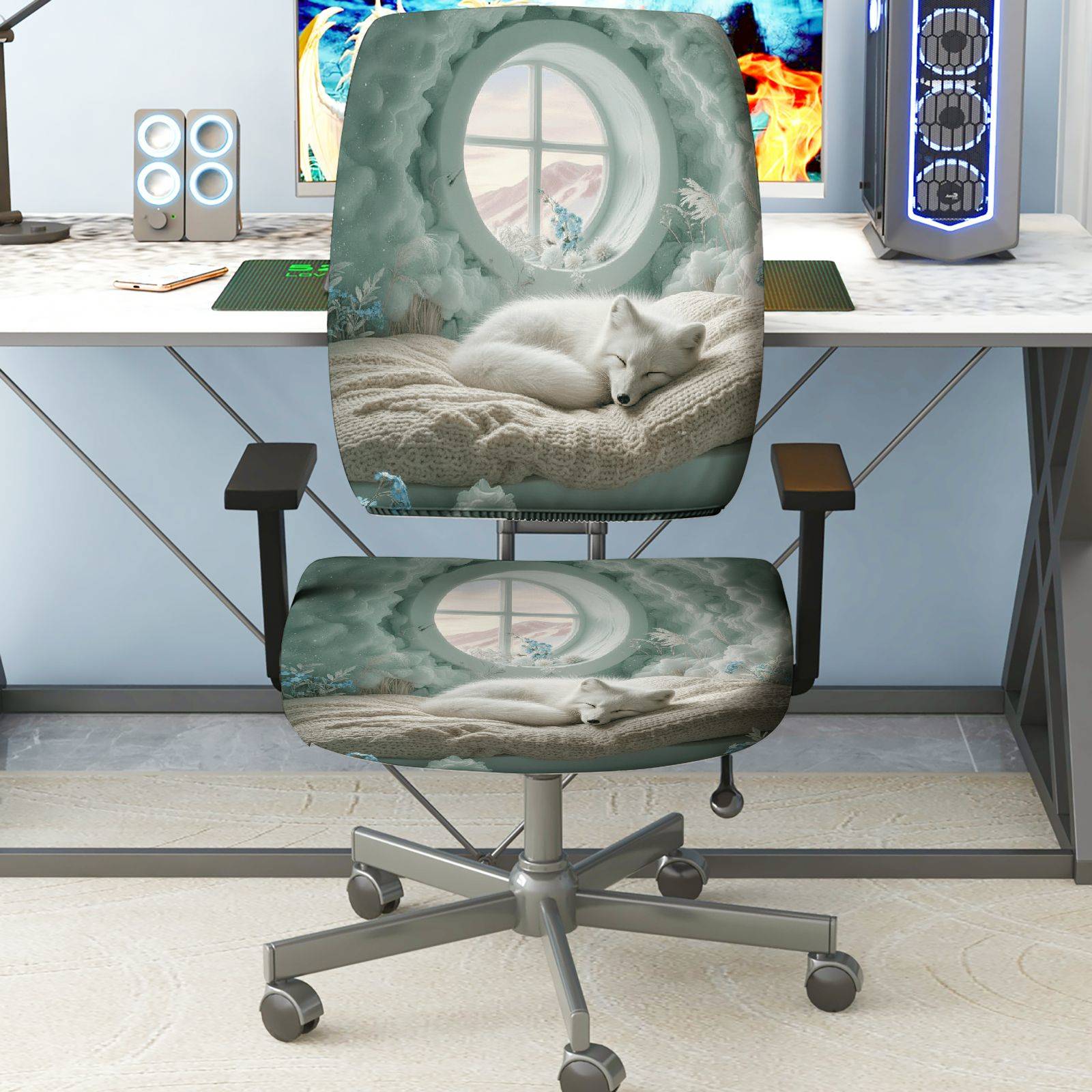 2-Piece Arctic Winter Snow Fox Cozy Home Decor  Computer Chair Cover Set, Seat and Backrest