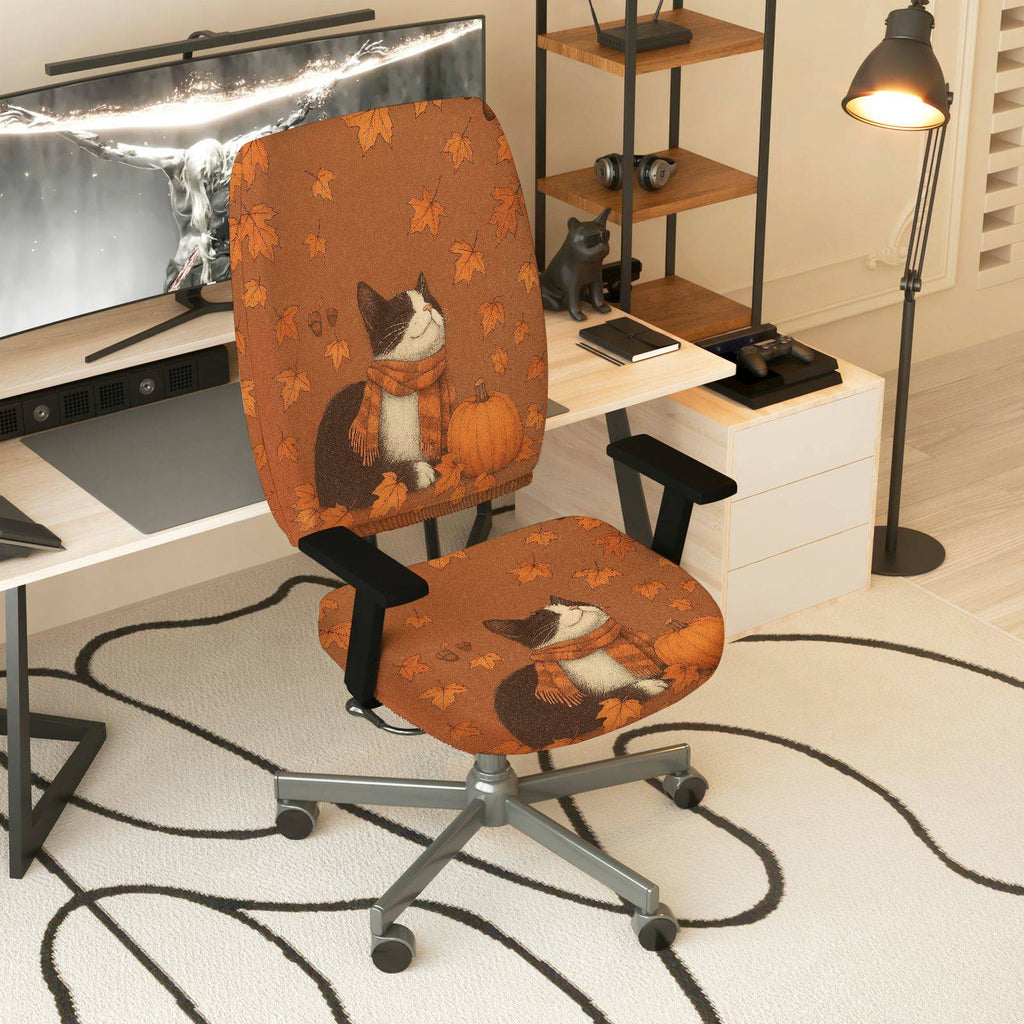 2-Piece Autumn Leaves Pumpkin Cat Warm  Computer Chair Cover Set, Seat and Backrest