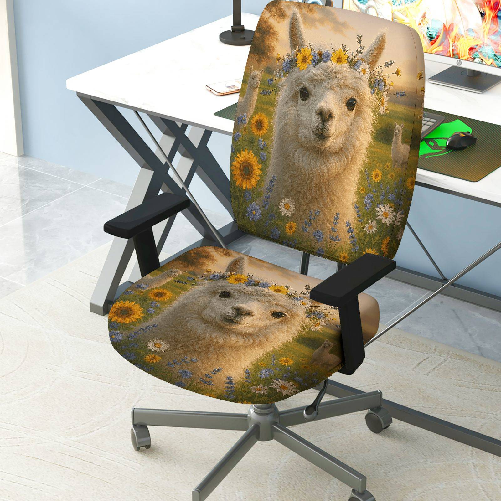 2-Piece Alpaca floral pastoral countryside sunflower  Computer Chair Cover Set, Seat and Backrest