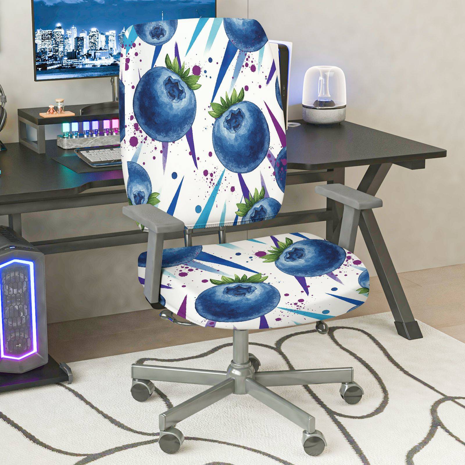 2-Piece Blueberry Fruit Abstract Geometric Art Modern  Computer Chair Cover Set, Seat and Backrest
