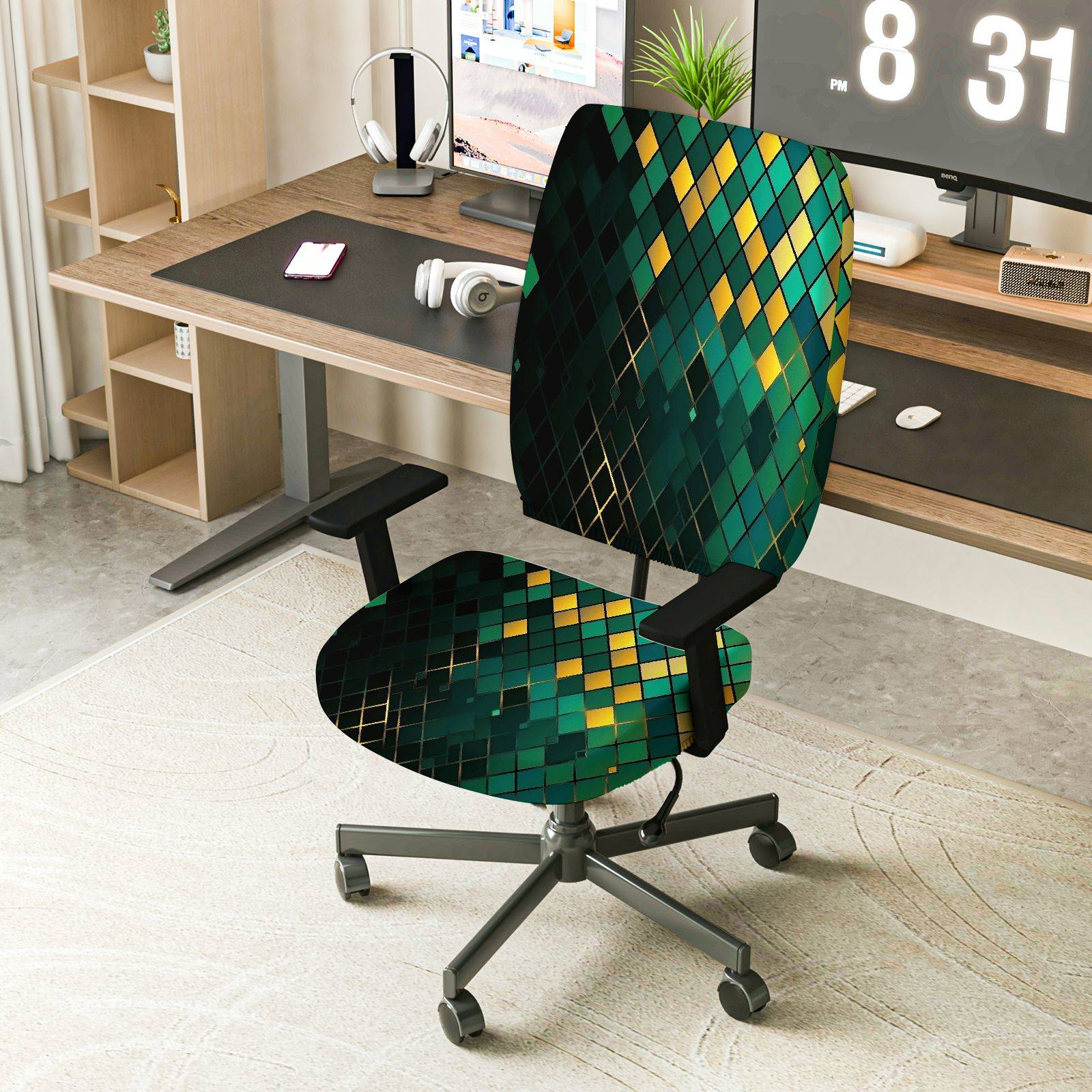 2-Piece Geometric Diamond Pattern Green Yellow Decorative  Computer Chair Cover Set, Seat and Backrest