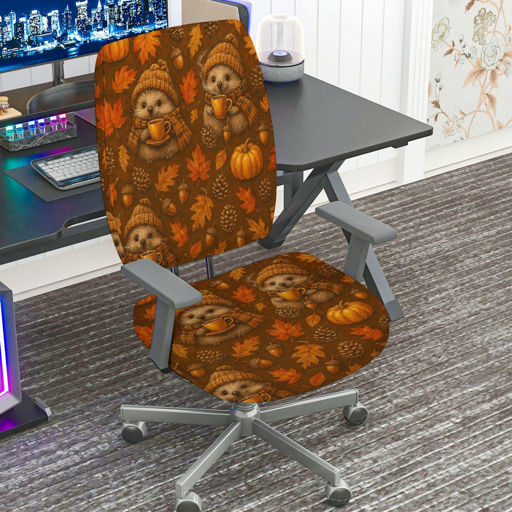 2-Piece Autumn Pumpkin Hedgehog Cute Leaves Acorn  Computer Chair Cover Set, Seat and Backrest