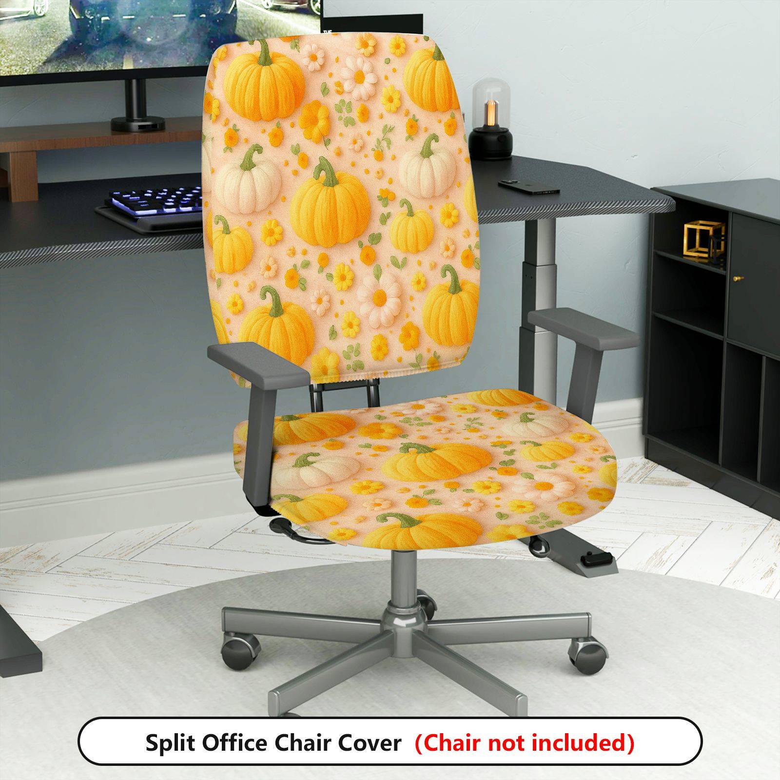 2-Piece Autumn Pumpkin Floral Thanksgiving Harvest  Computer Chair Cover Set, Seat and Backrest