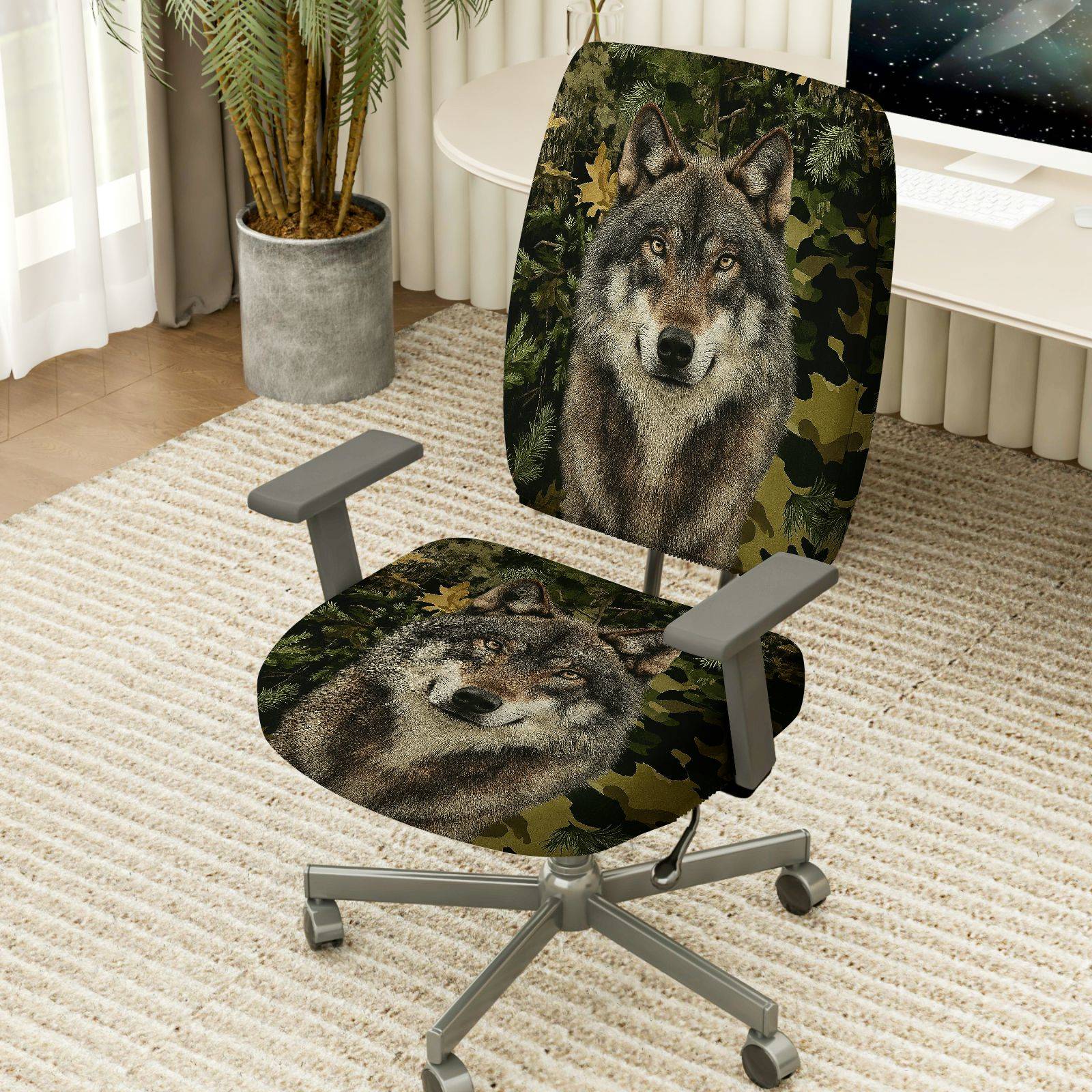 2-Piece Wolf Forest Camouflage Animal Nature Wildlife  Computer Chair Cover Set, Seat and Backrest