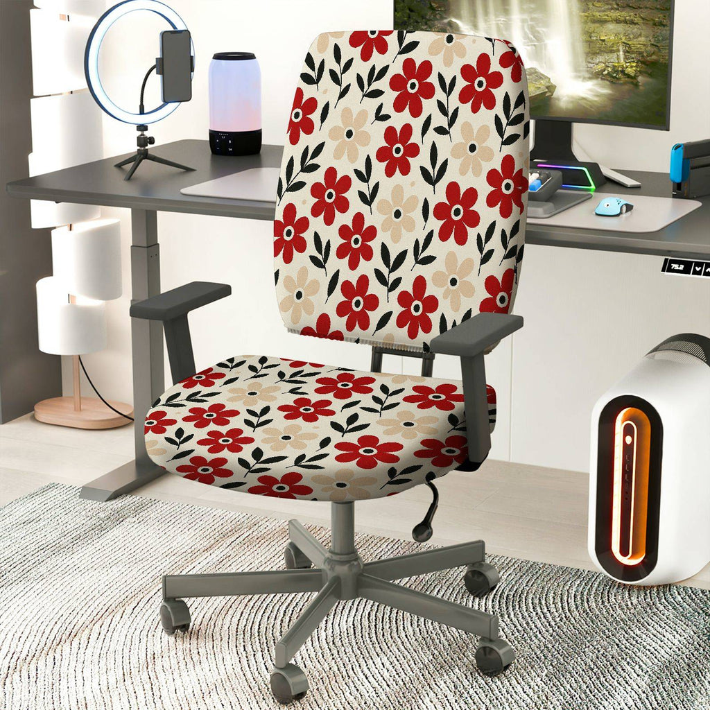 2-Piece Floral Red Beige Black Pattern  Computer Chair Cover Set, Seat and Backrest