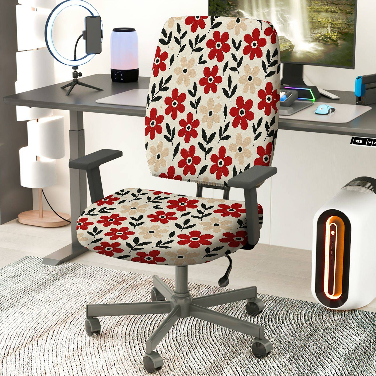 2-Piece Floral Red Beige Black Pattern  Computer Chair Cover Set, Seat and Backrest