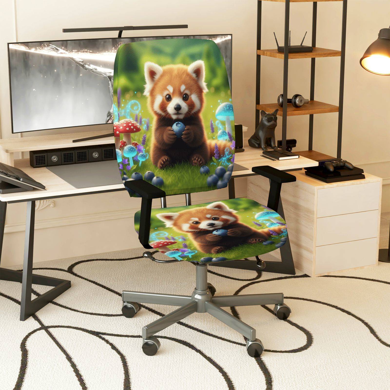 2-Piece Animal Cute Red Panda Mushroom  Computer Chair Cover Set, Seat and Backrest