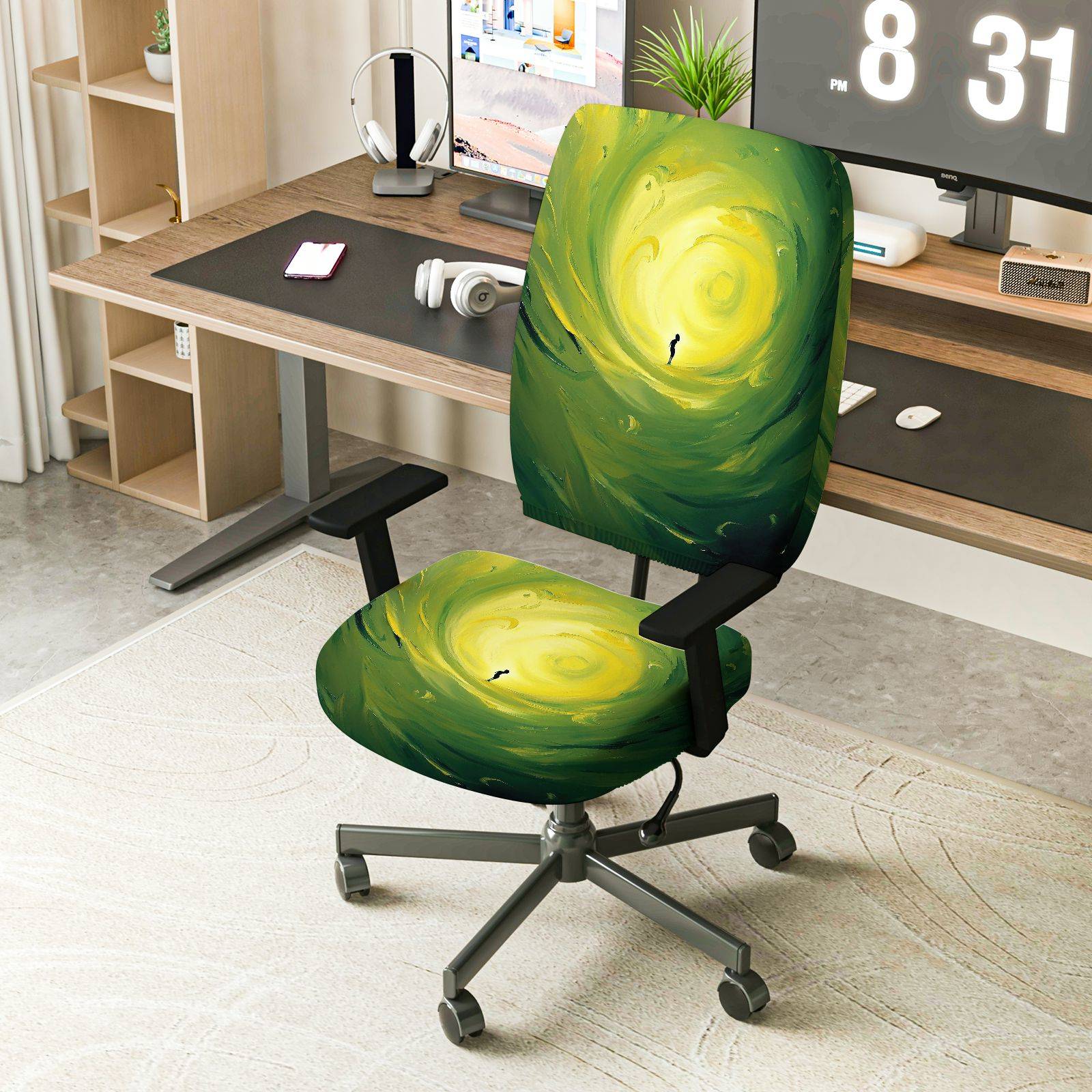 2-Piece Abstract Swirl Art Green Yellow  Computer Chair Cover Set, Seat and Backrest
