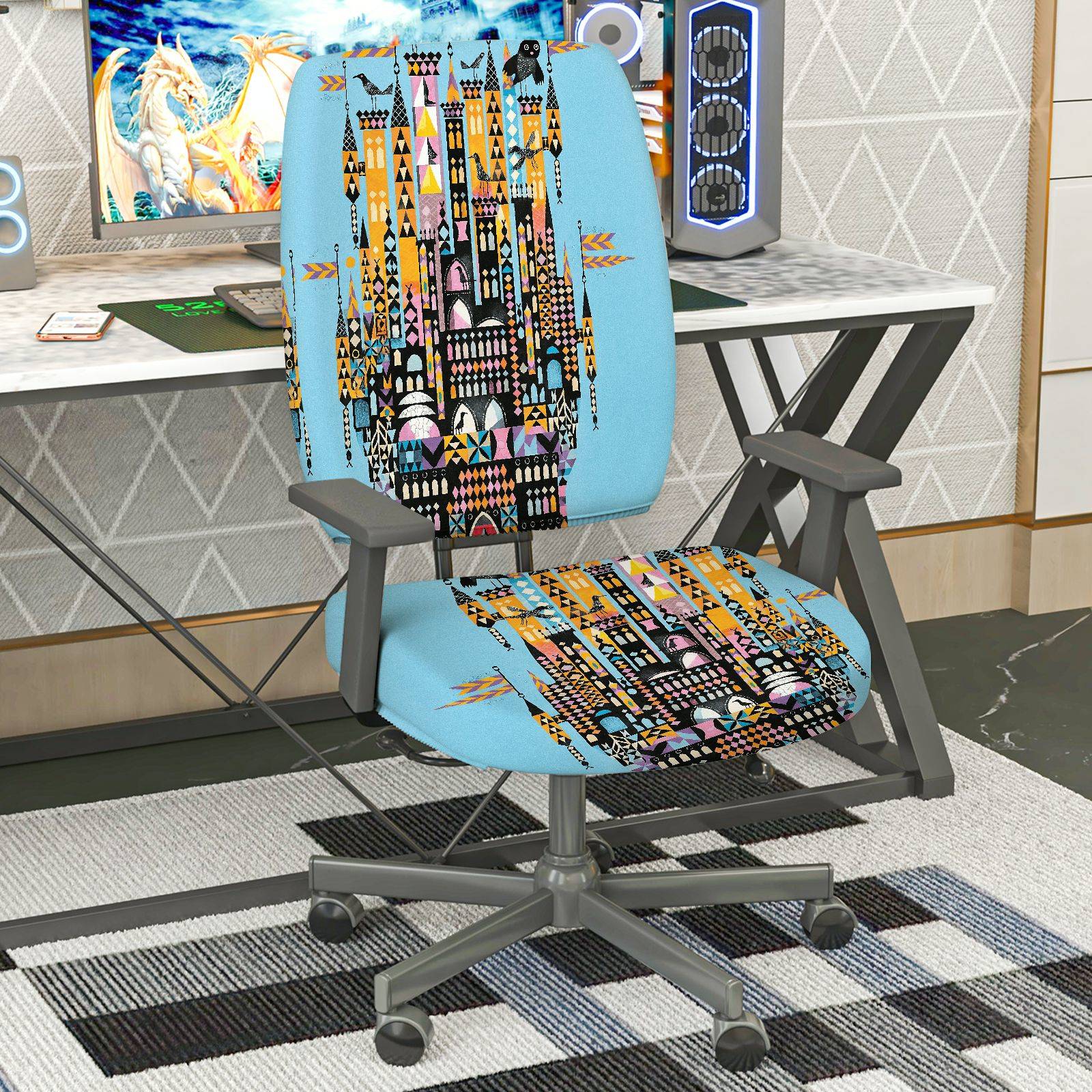 2-Piece Colorful Geometric City Night Skyline Pattern  Computer Chair Cover Set, Seat and Backrest