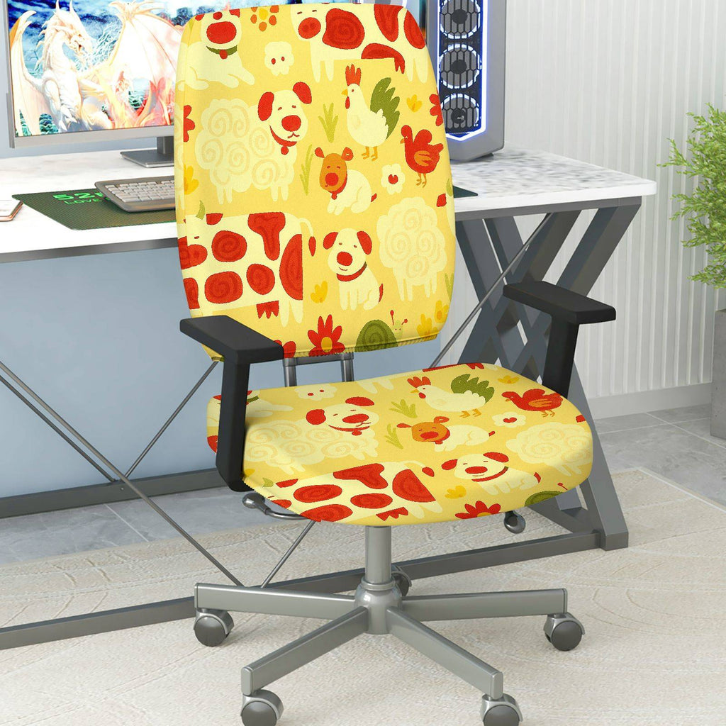 2-Piece Animal Pattern Farm Style Yellow Colorful  Computer Chair Cover Set, Seat and Backrest