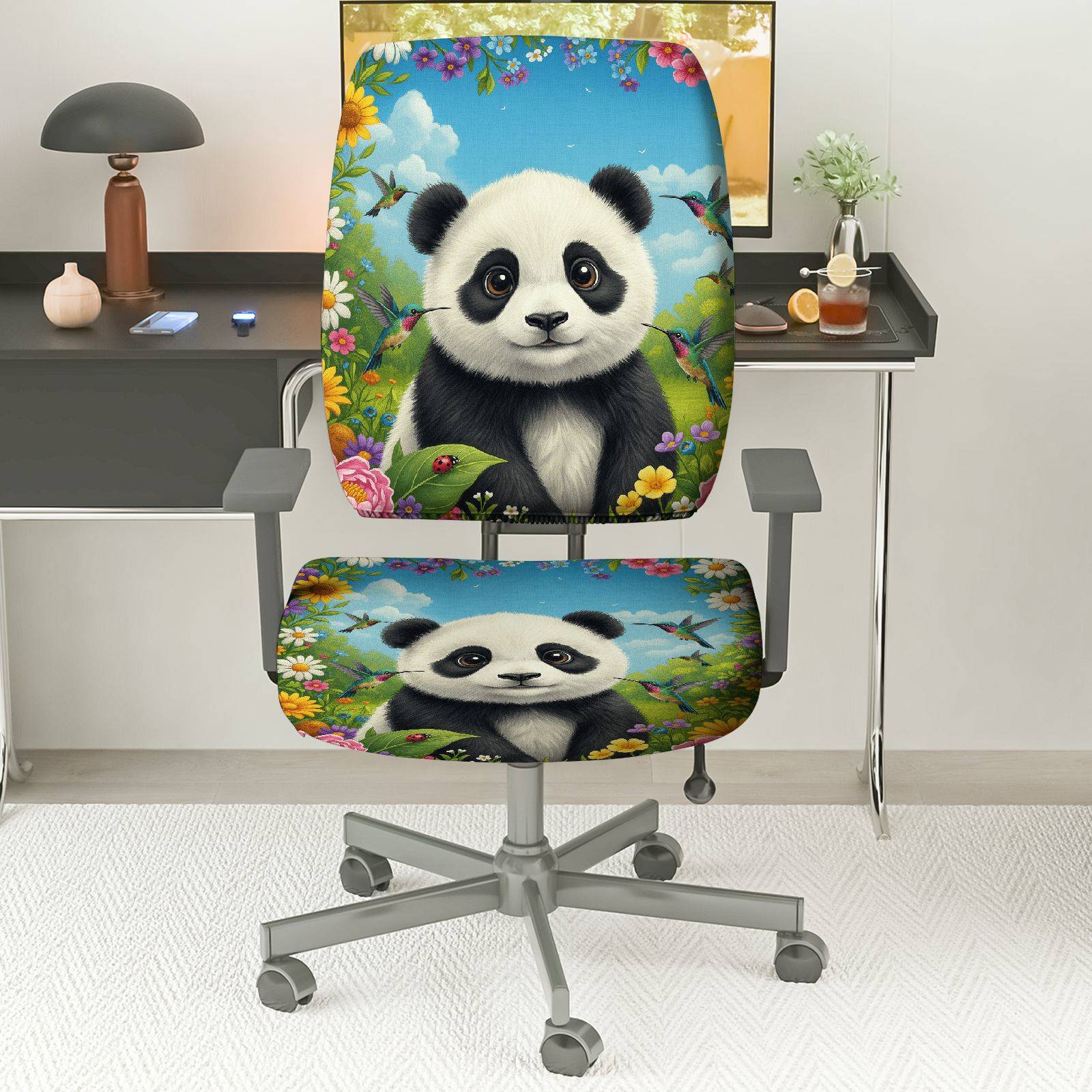 2-Piece Panda Floral Nature Animal Spring  Computer Chair Cover Set, Seat and Backrest