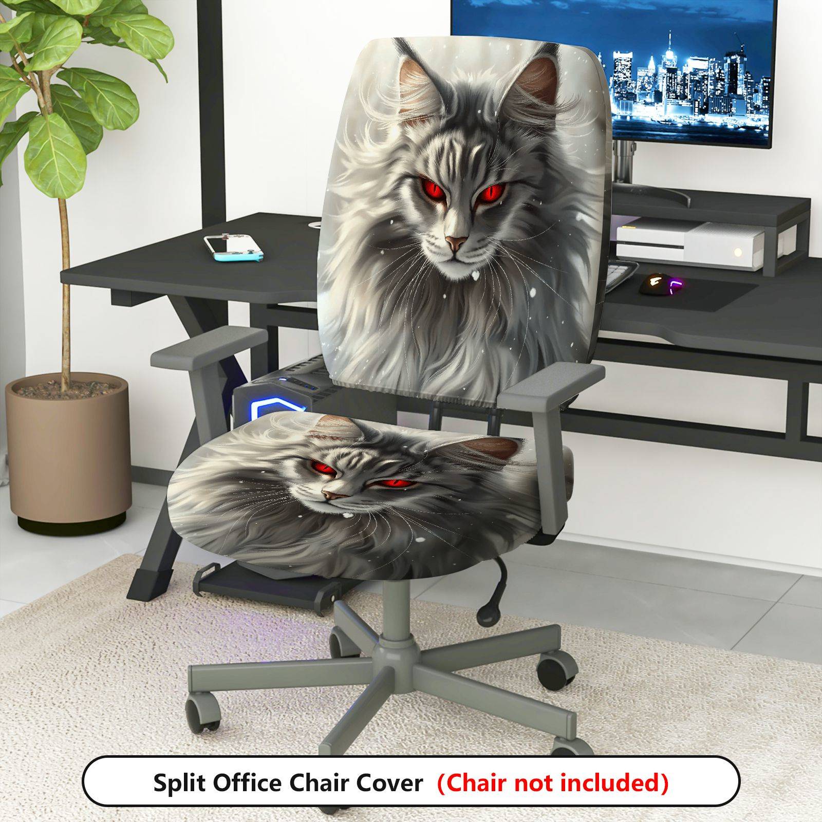 2-Piece Animal Fantasy Red-Eye Cat Unique Design  Computer Chair Cover Set, Seat and Backrest
