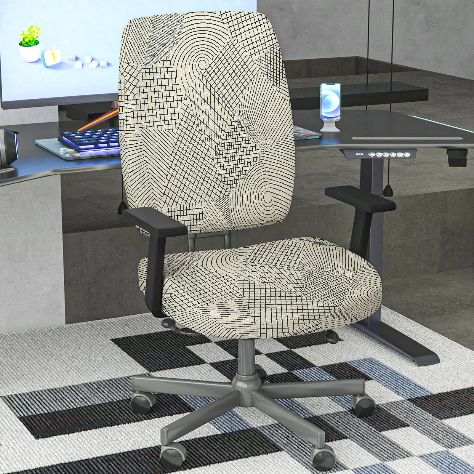 2-Piece Geometric Pattern Modern Design  Computer Chair Cover Set, Seat and Backrest