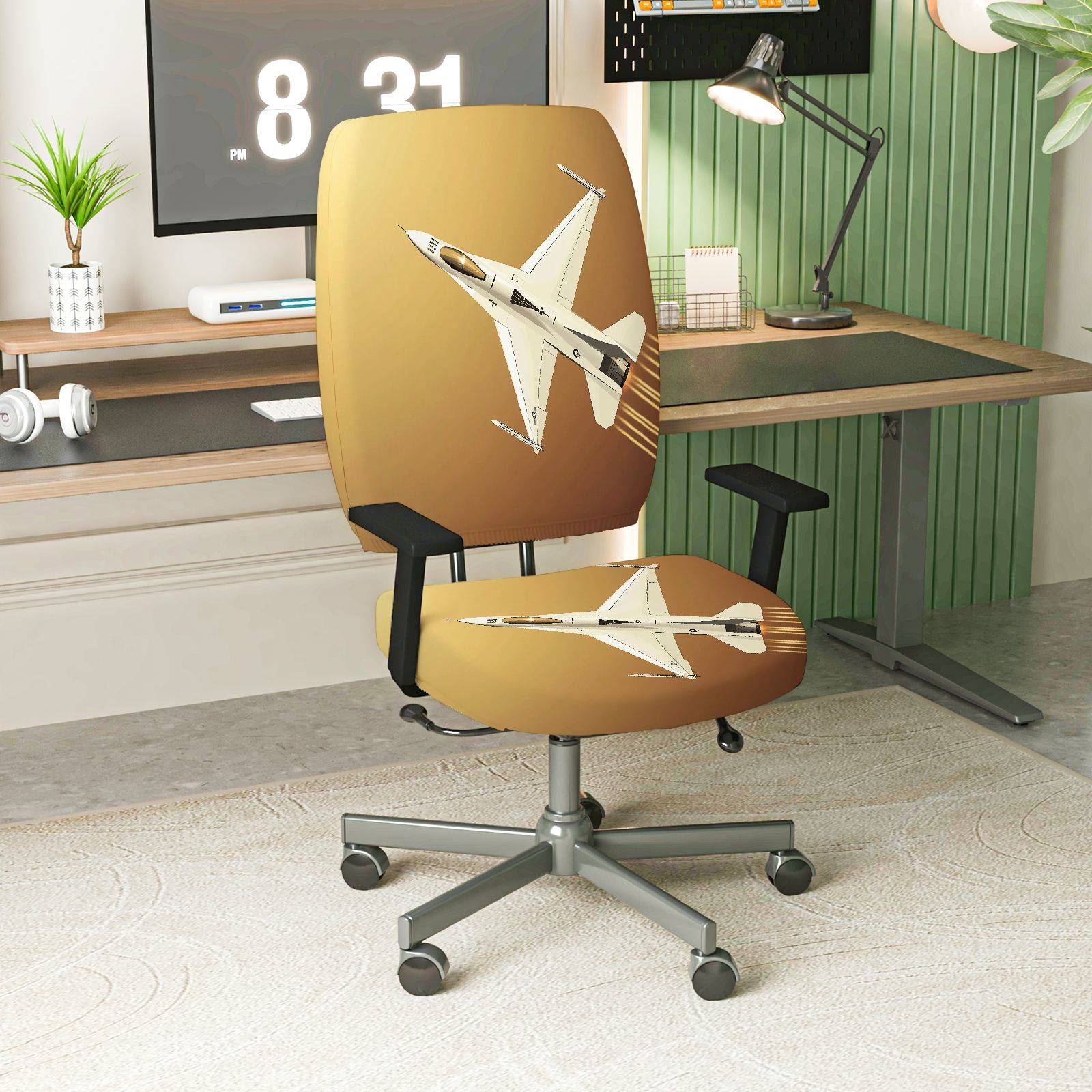 2-Piece Aviation Fighter Jet Airplane Pattern Gold Modern Cool  Computer Chair Cover Set, Seat and Backrest
