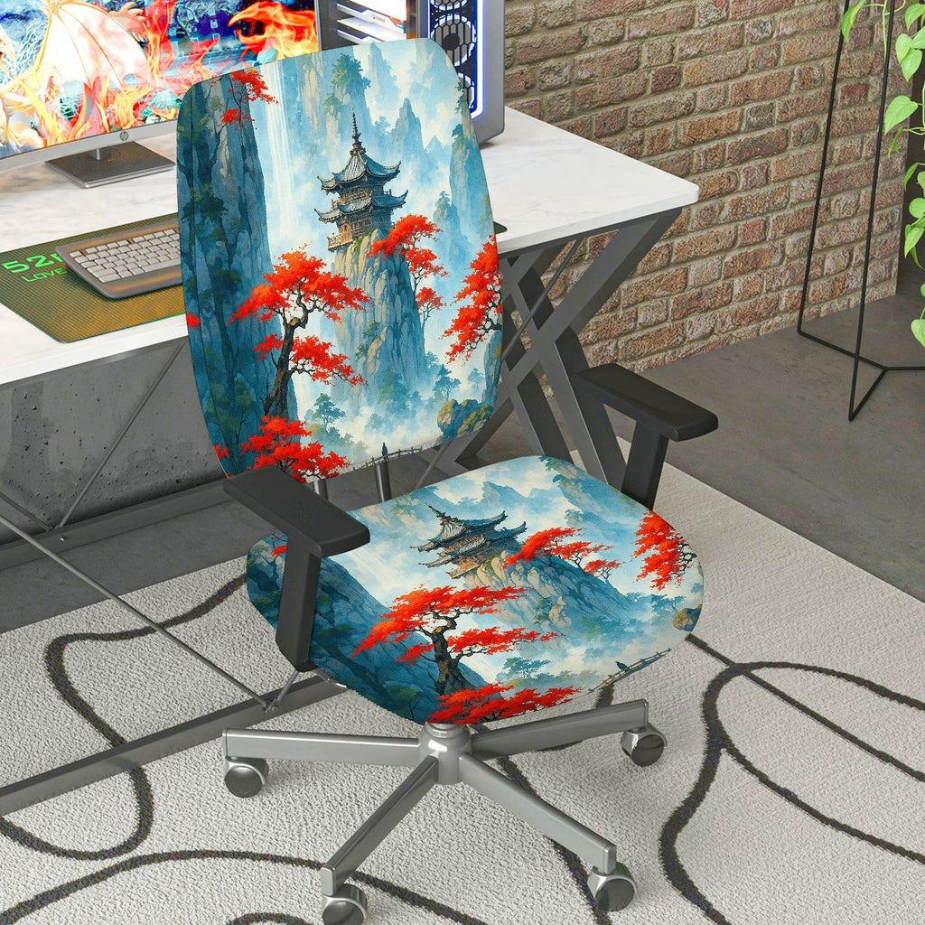 2-Piece Asian Zen Nature Landscape Art  Computer Chair Cover Set, Seat and Backrest