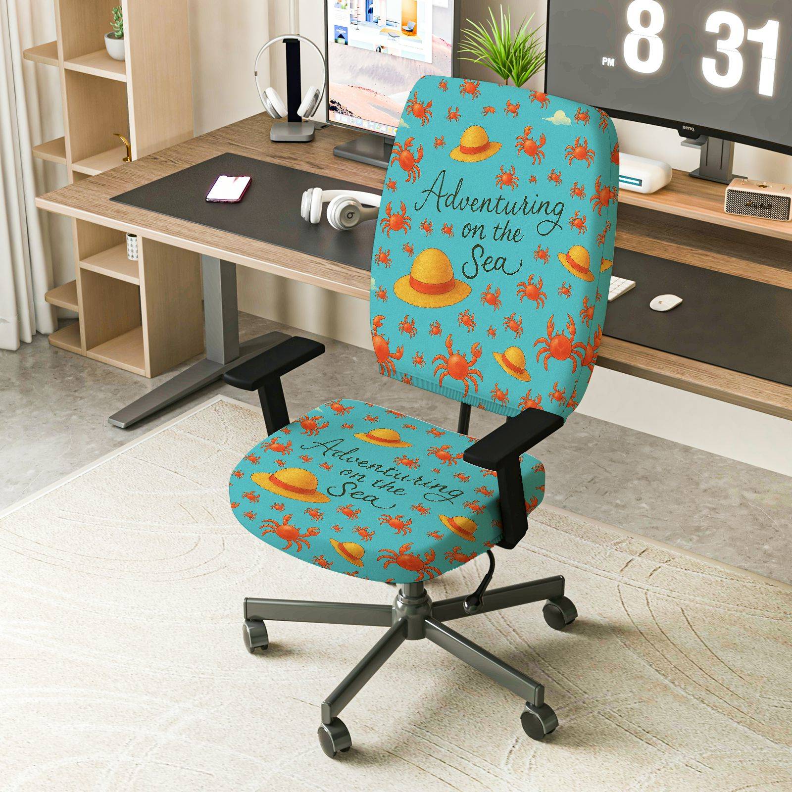 2-Piece Adventuring Sea Crab Hat Fun Blue  Computer Chair Cover Set, Seat and Backrest
